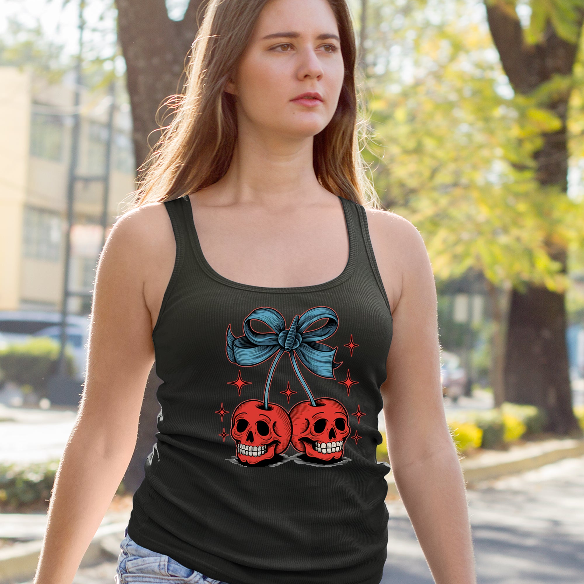 Cherry Skulls Retro Tattoo Racerback Tank Top for Women 