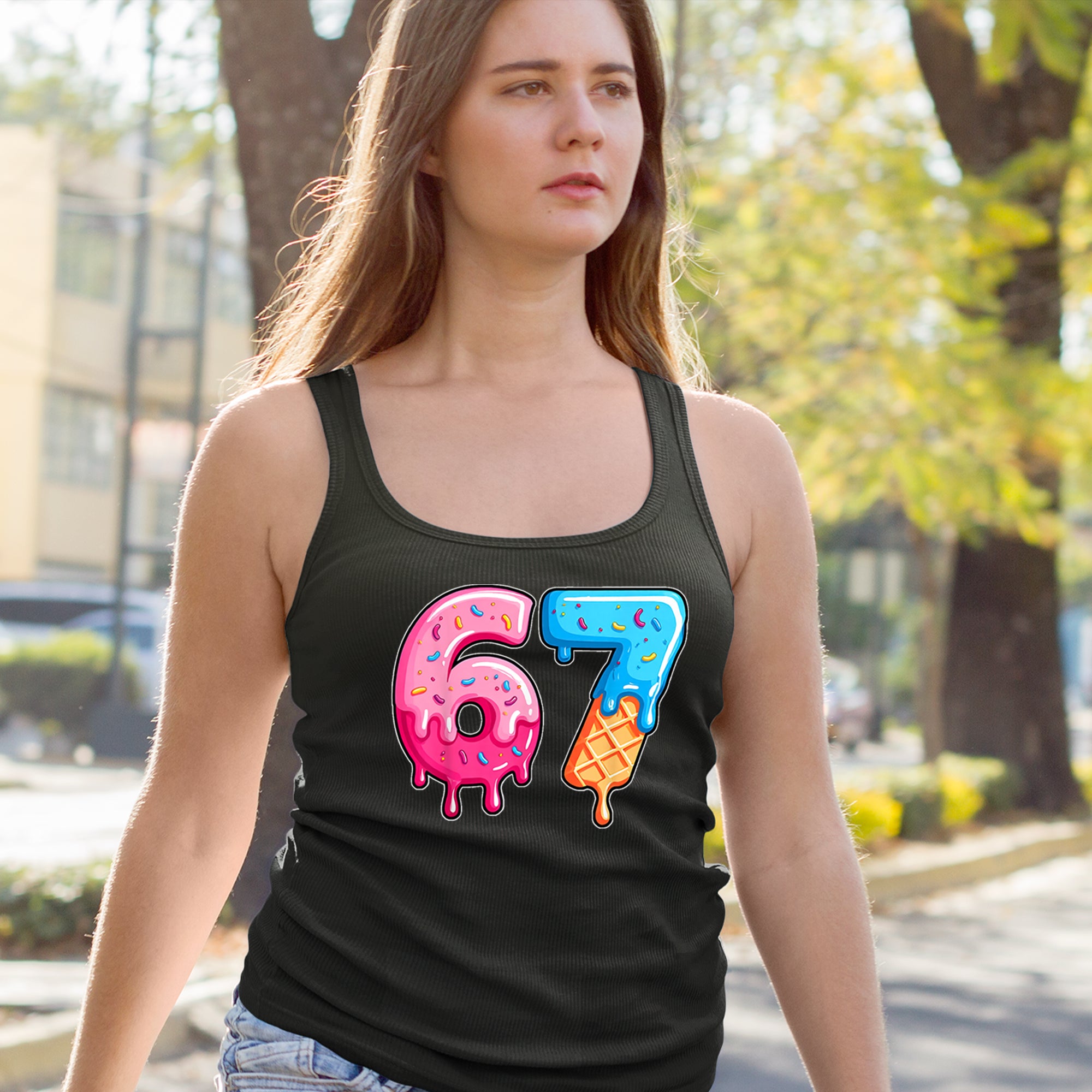 67 Dripping Ice Cream Donut Melt Racerback Tank Top for Women 