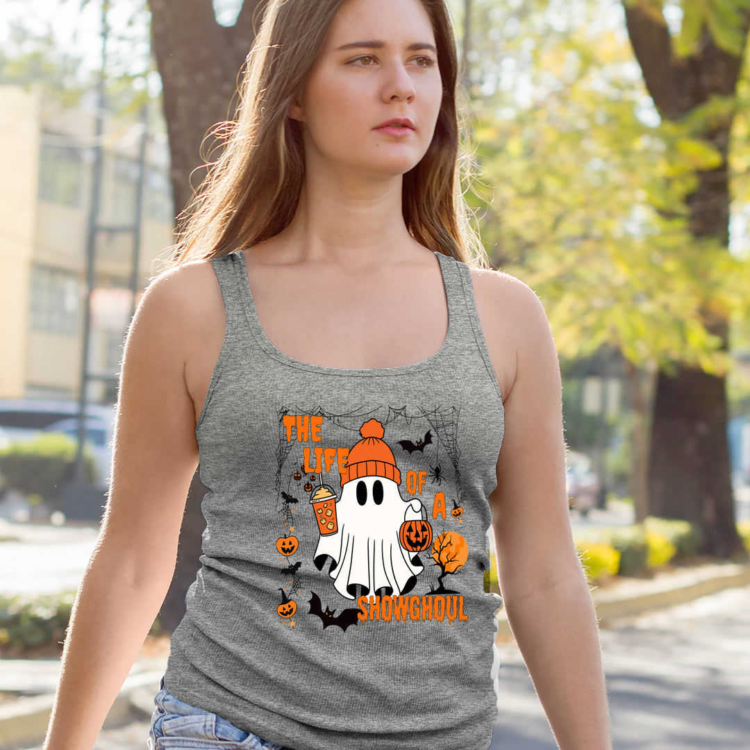 Life of a Showghoul Halloween Showgirl Vibes Racerback Tank Top for Women