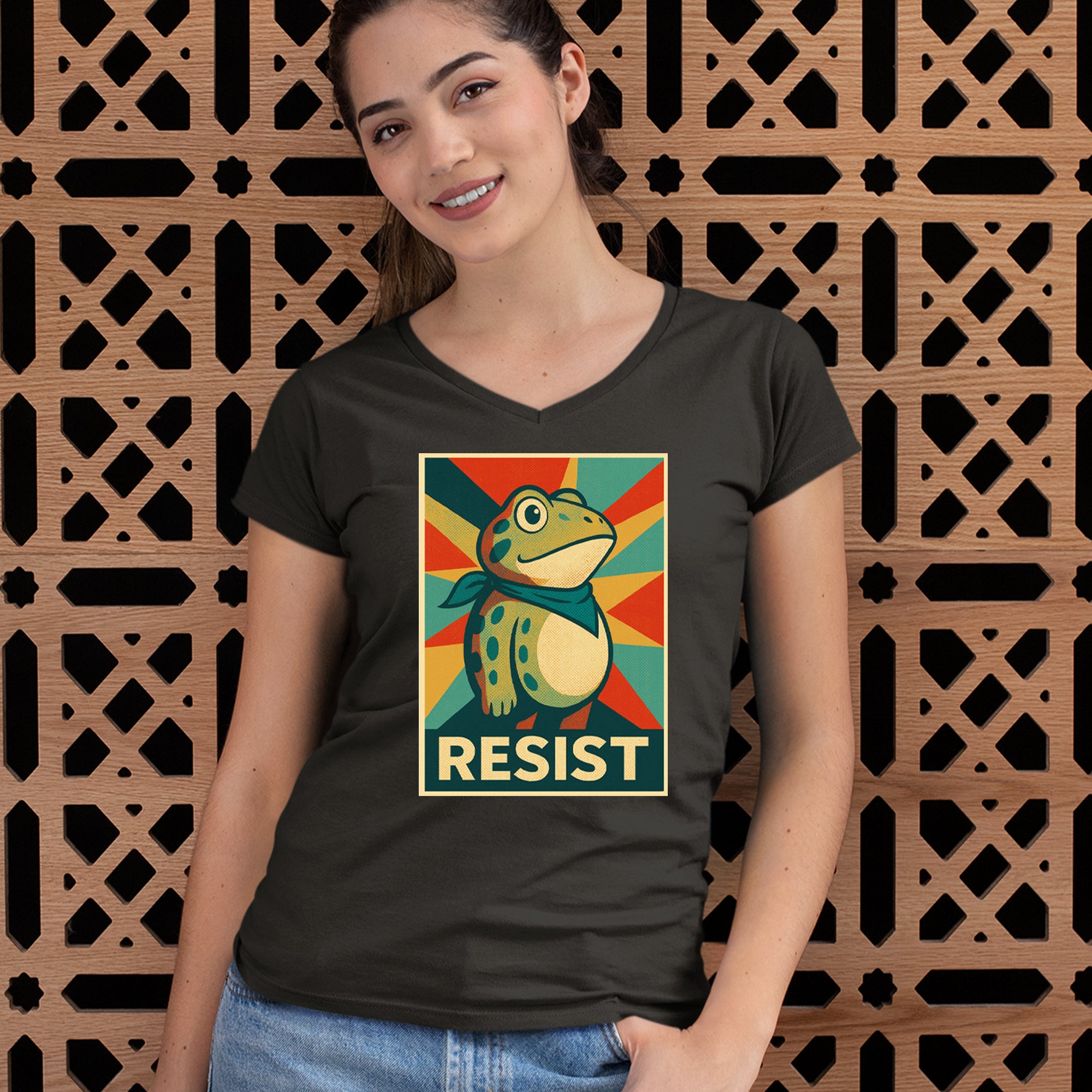 Resist Portland Protest Frog Ladies V-Neck T-shirt 