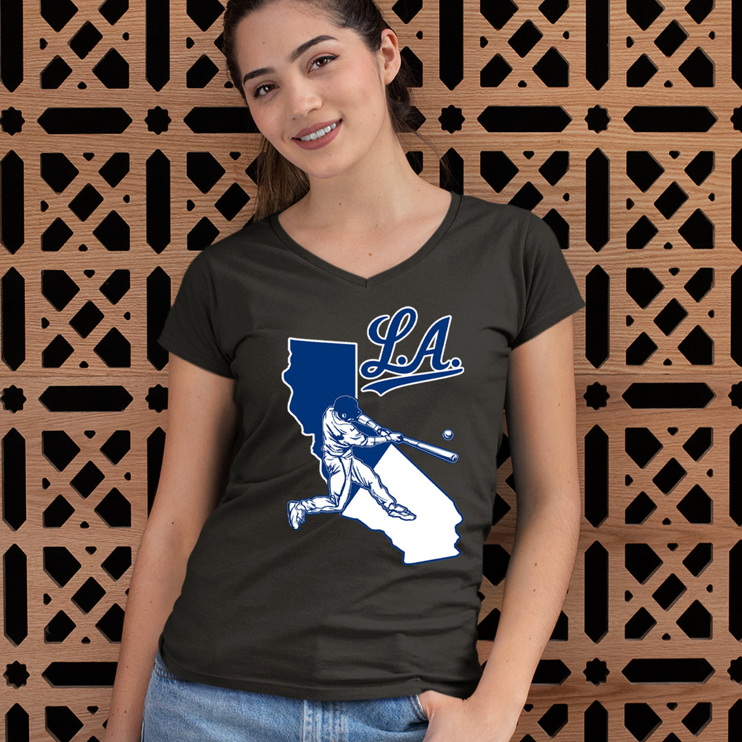 Los Angeles Baseball Batter Up Ladies V-Neck T-shirt 