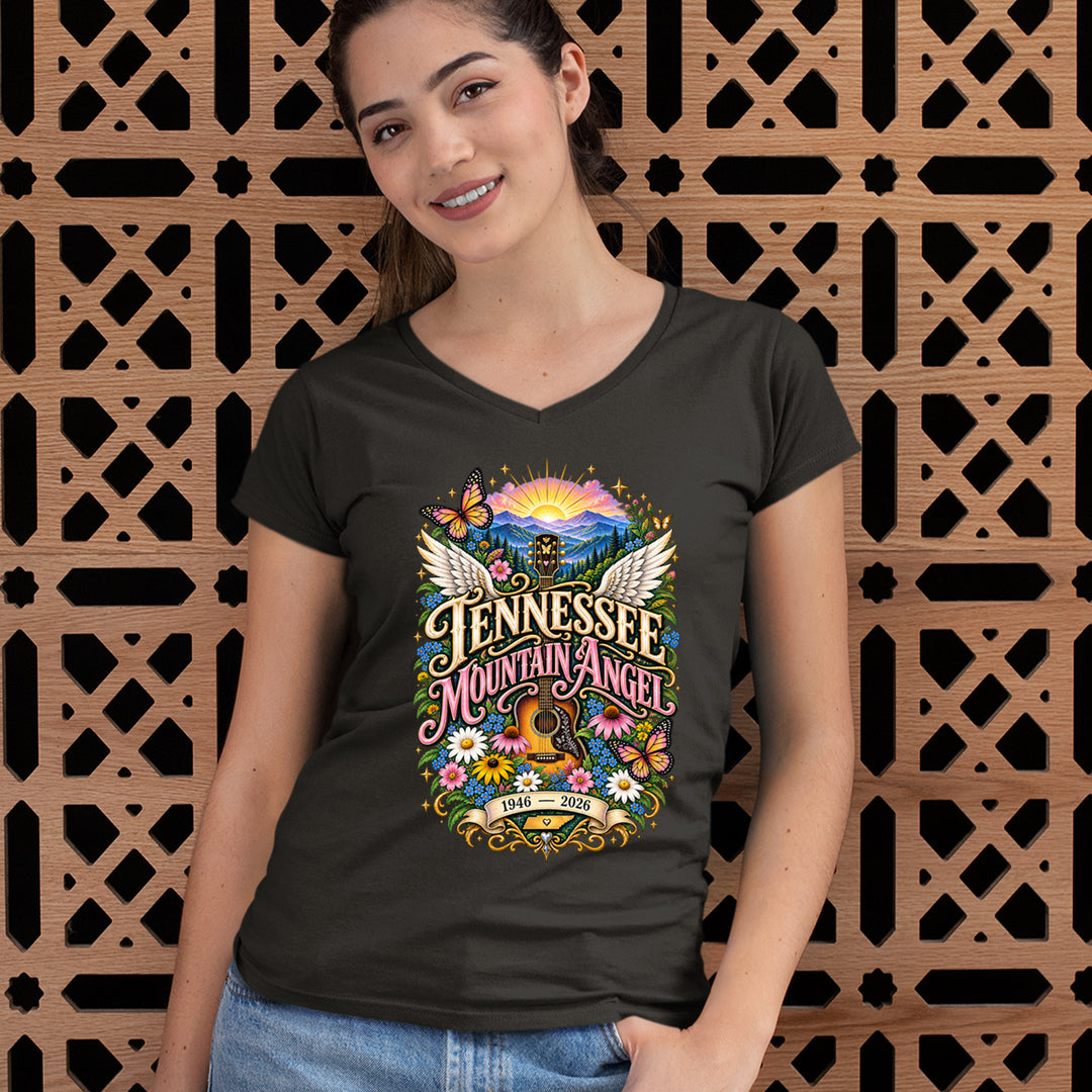 Tennessee Mountain Angel Wings Dolly Ladies V-Neck T-shirt 