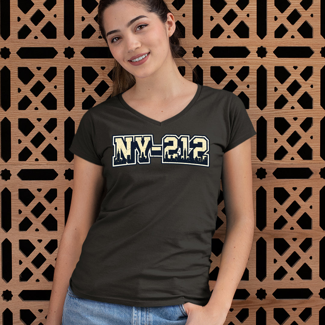 New York City 212 Area Code Skyline  Ladies V-Neck T-shirt 