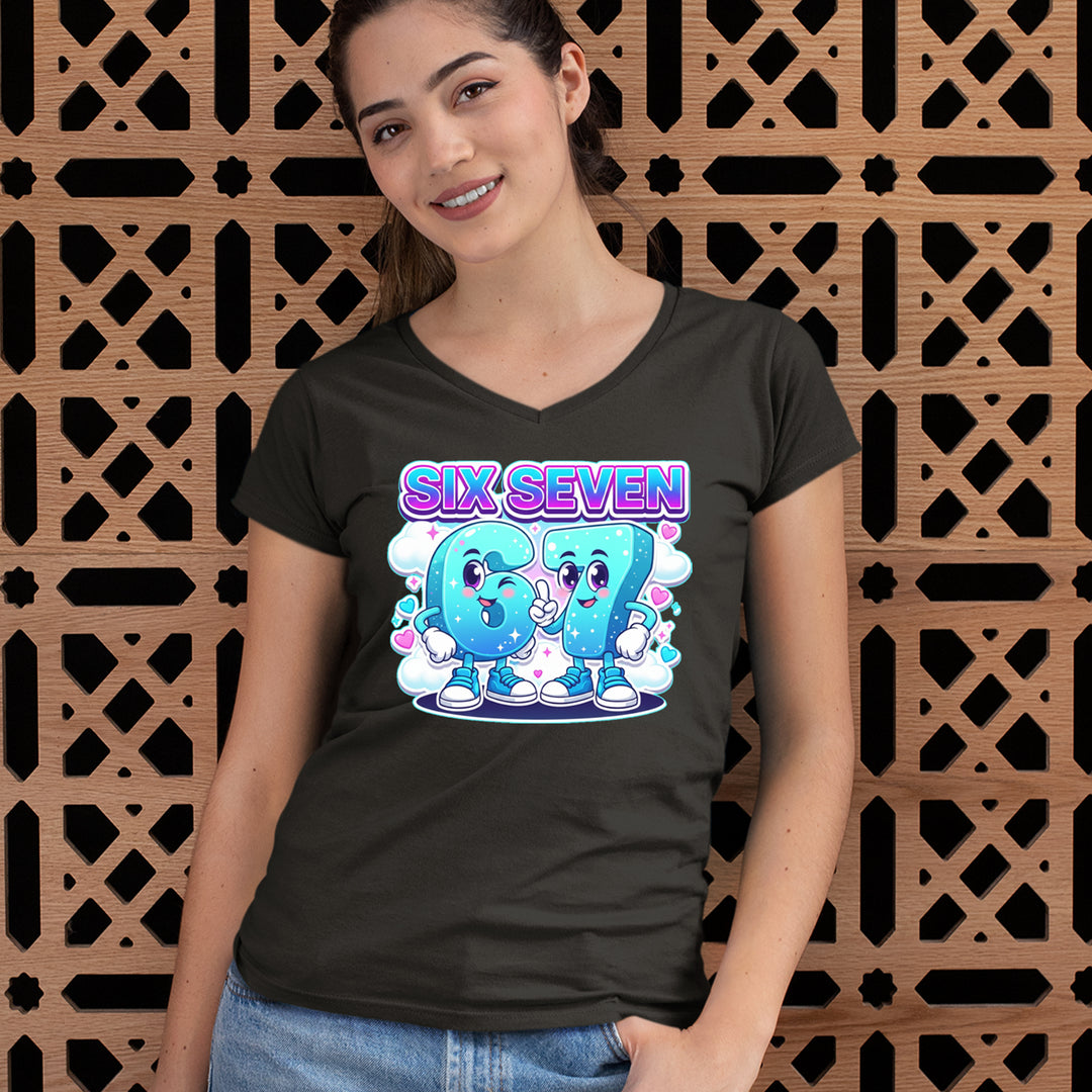 67 Six Seven Meme Kawaii Cloud Ladies V-Neck T-shirt 