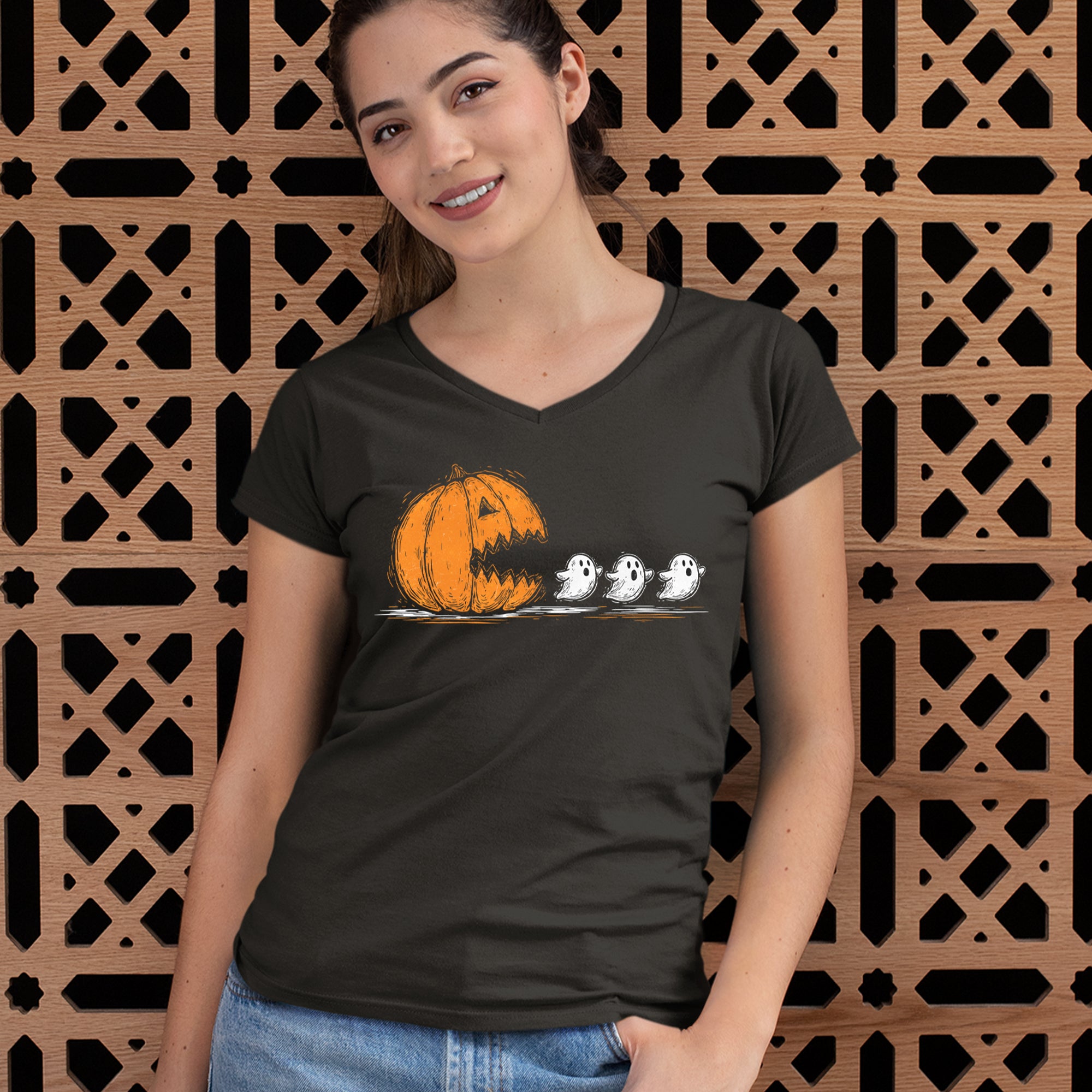 Pumpkin Pacman Chasing Ghosts Halloween Ladies V-Neck T-shirt 
