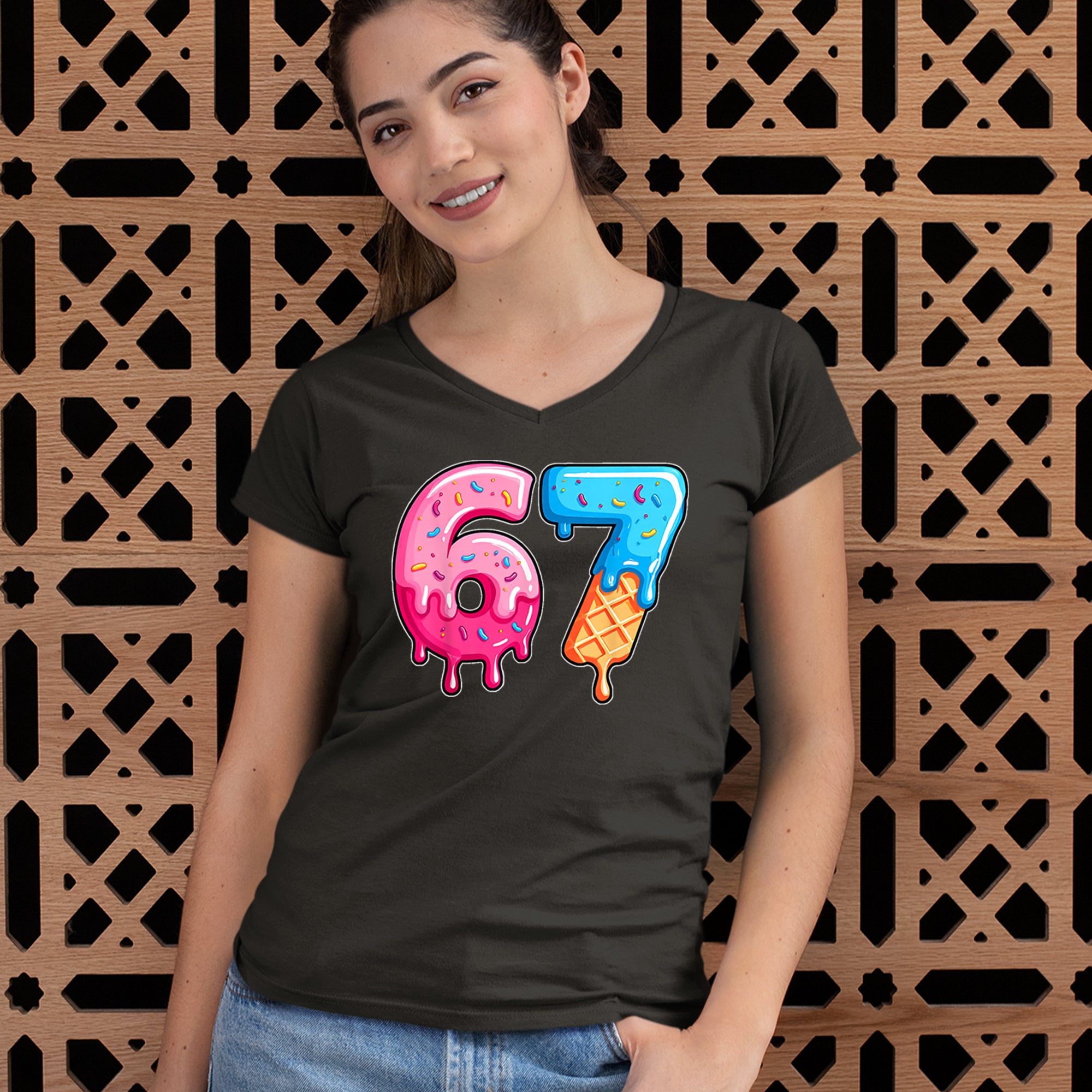 67 Dripping Ice Cream Donut Melt Ladies V-Neck T-shirt 