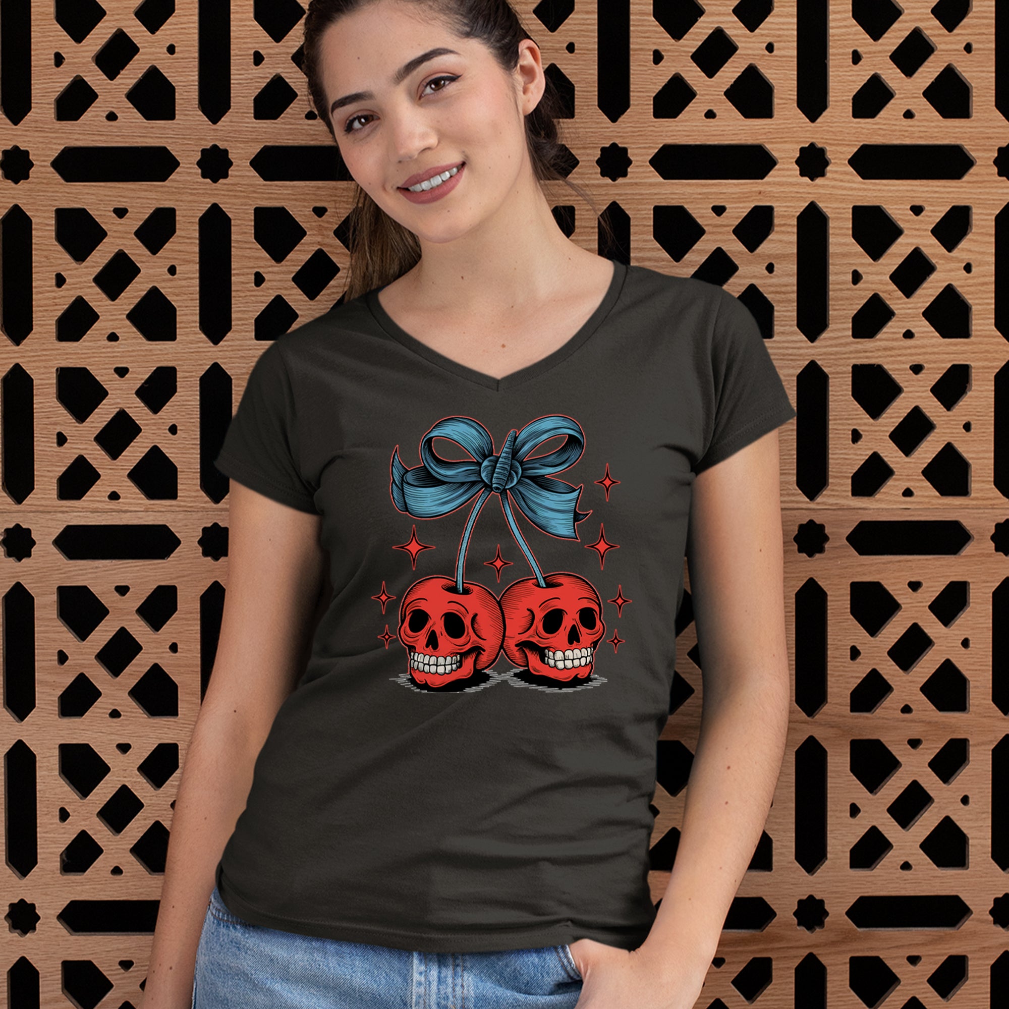 Cherry Skulls Retro Tattoo Ladies V-Neck T-shirt 