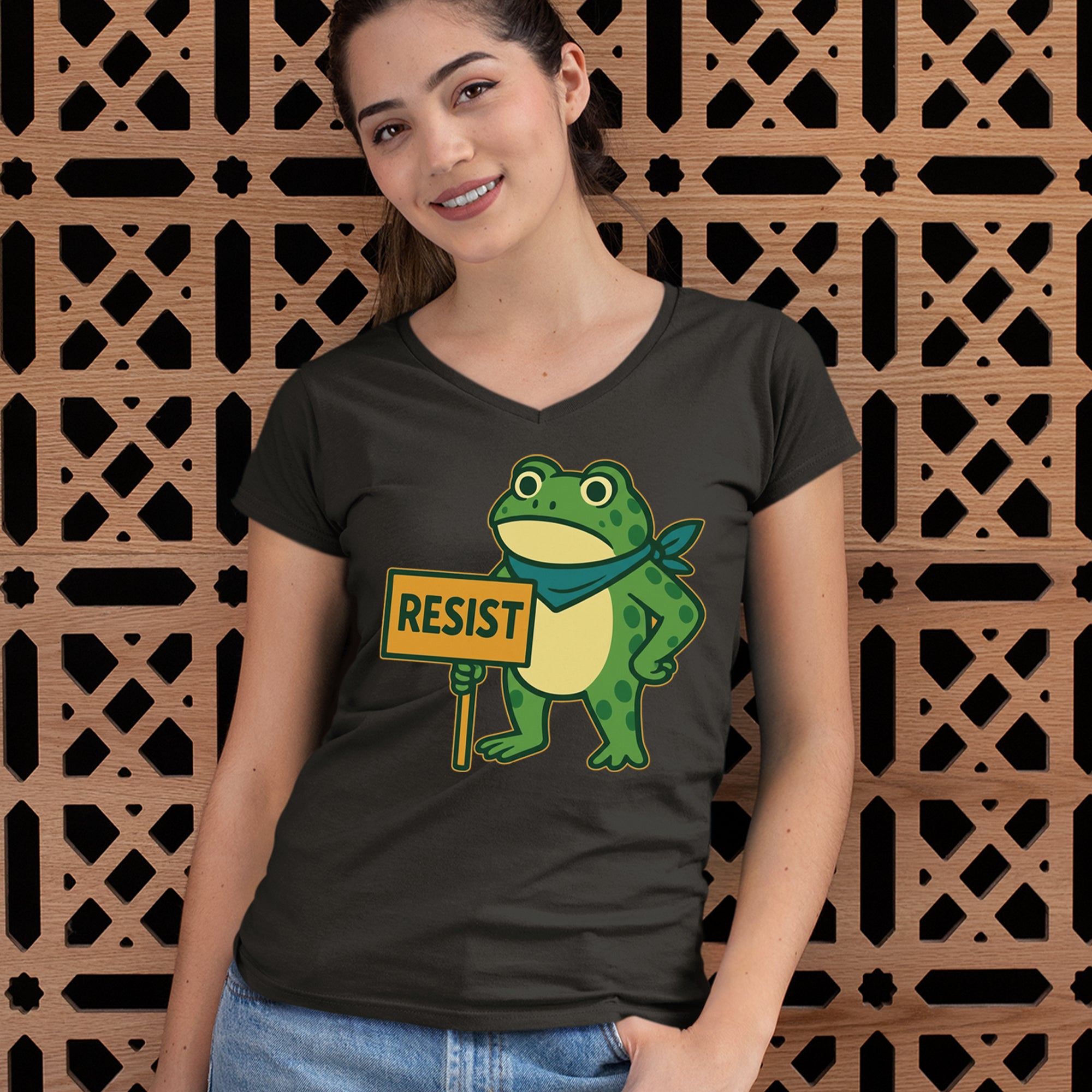 Sign Resist Meme Frog Protest Ladies V-Neck T-shirt 