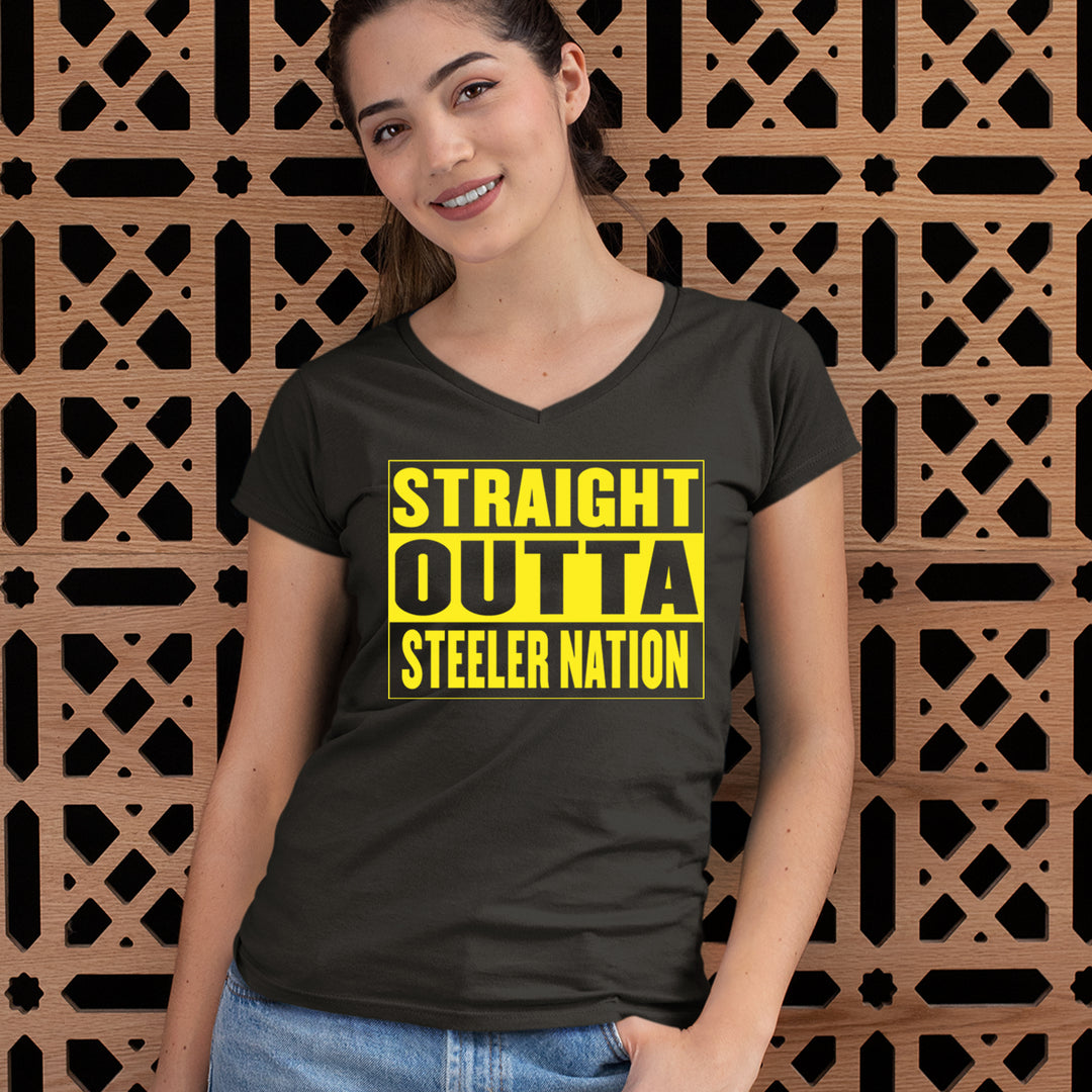 Straight Outta Steeler Nation Football  Ladies V-Neck T-shirt 