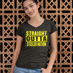 Straight Outta Steeler Nation Football  Ladies V-Neck T-shirt 