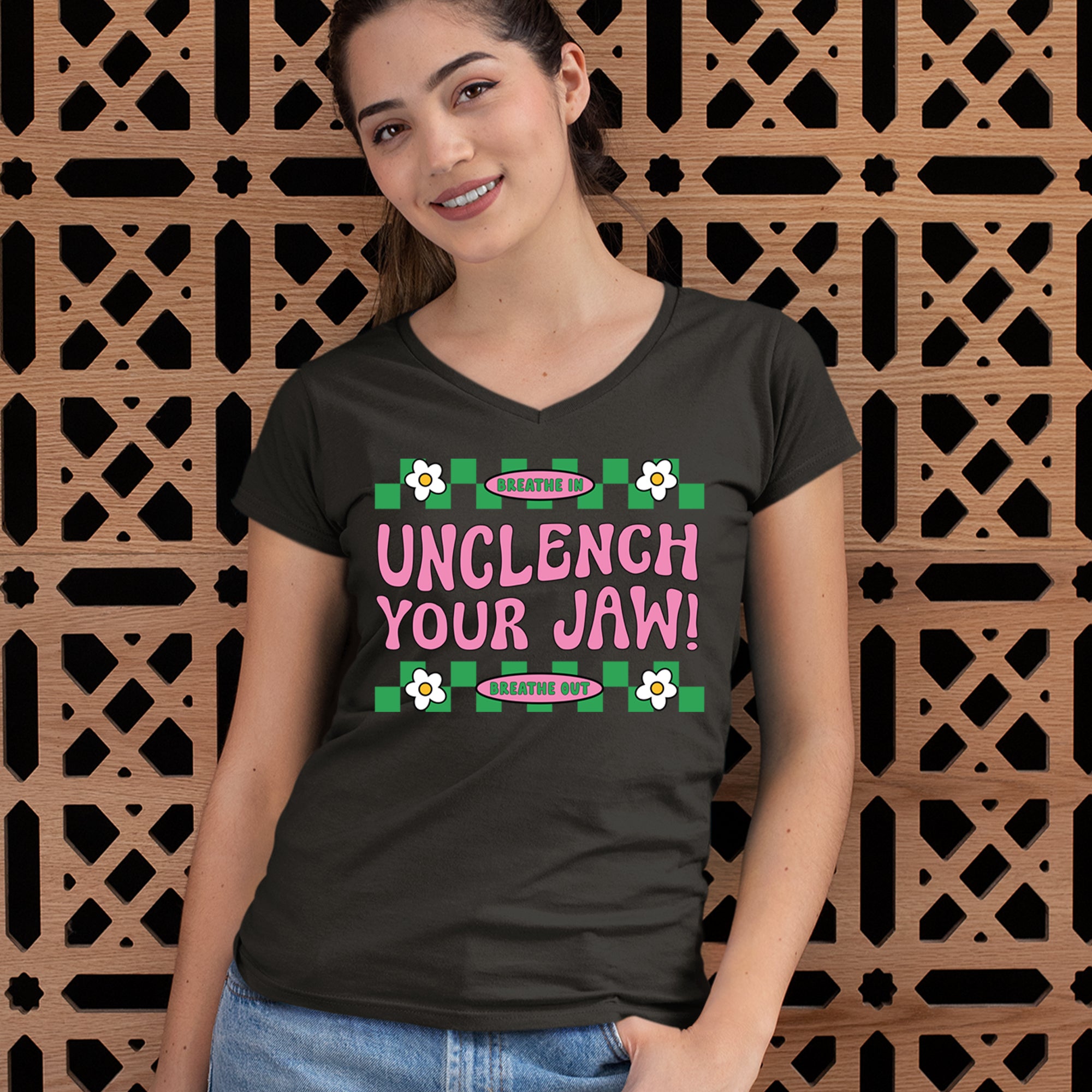 Breathe Unclench Your Jaw Ladies V-Neck T-shirt 