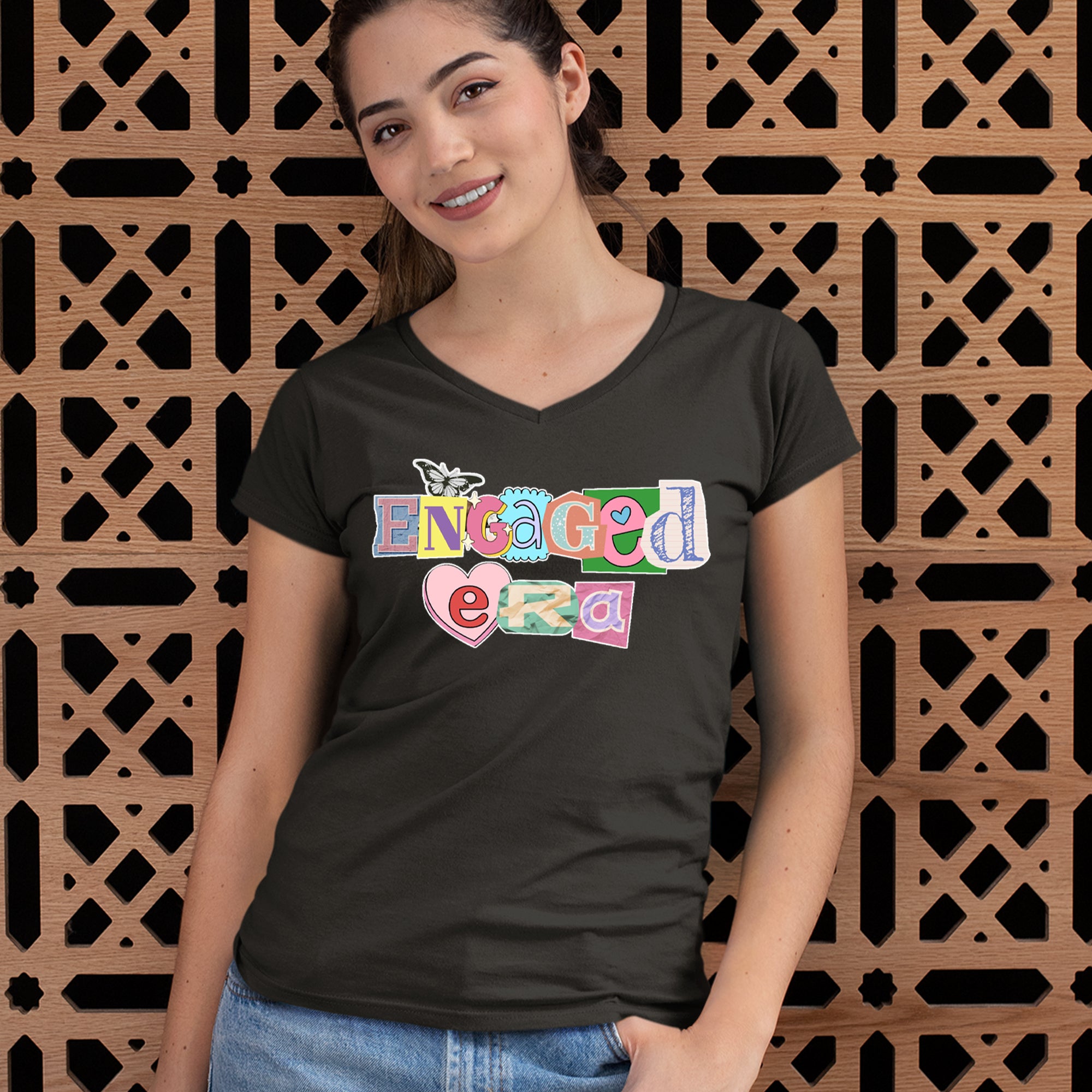 Engaged Era Aesthetic Retro Collage Design Ladies V-Neck T-shirt 