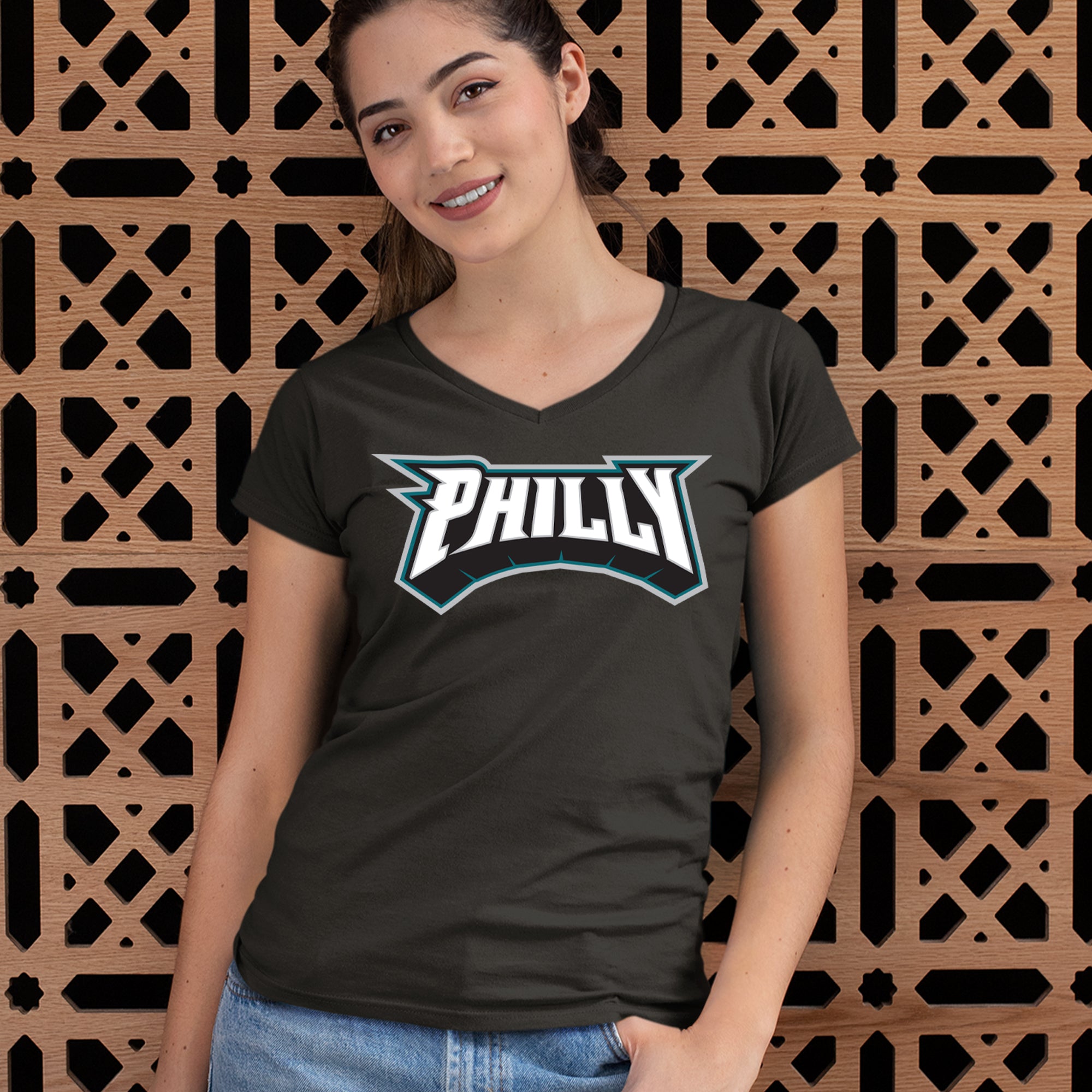 Philly Bold Block Throwback Ladies V-Neck T-shirt 