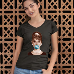 Audrey Hepburn Chewing Bubble Gum American Icon Ladies V-Neck T-shirt 