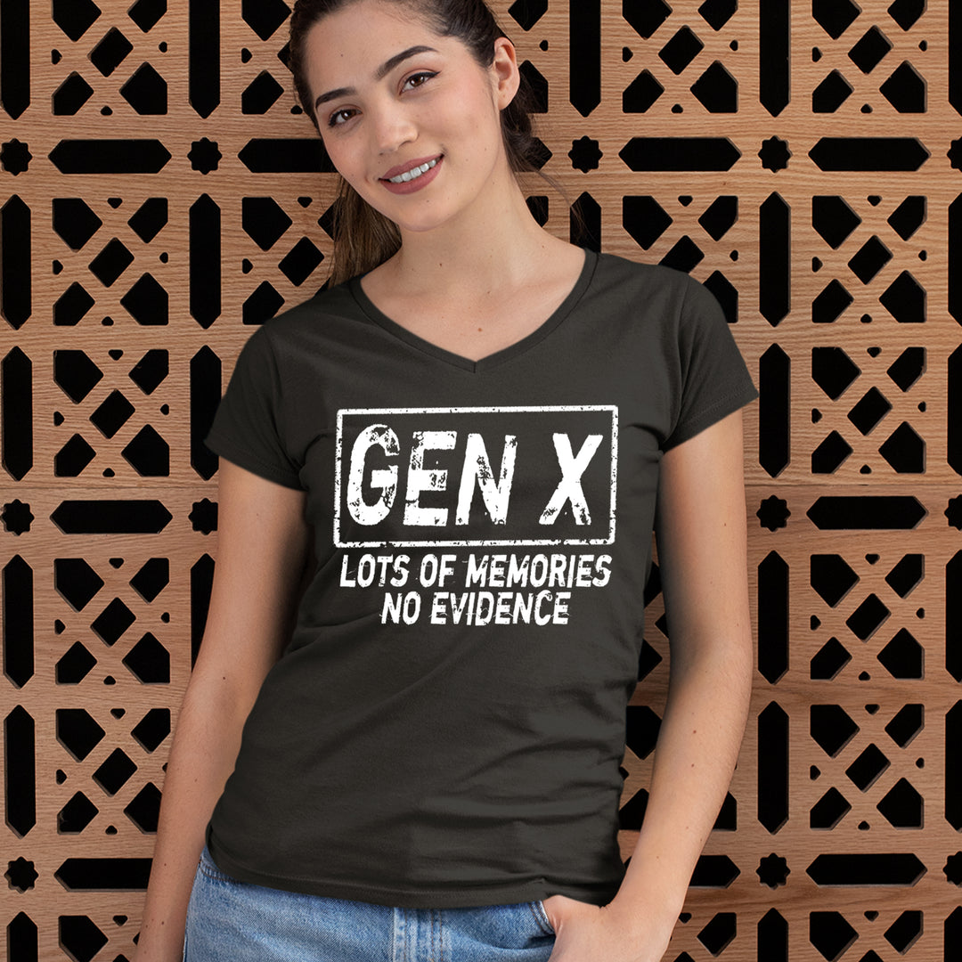 Gen X Lots of Memories No Evidence Nostalgia Ladies V-Neck T-shirt