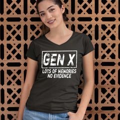 Gen X Lots of Memories No Evidence Nostalgia Ladies V-Neck T-shirt