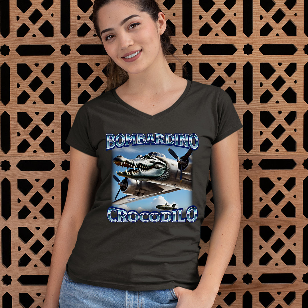 Bombardino Crocodilo Brainrot Ladies V-Neck T-shirt 