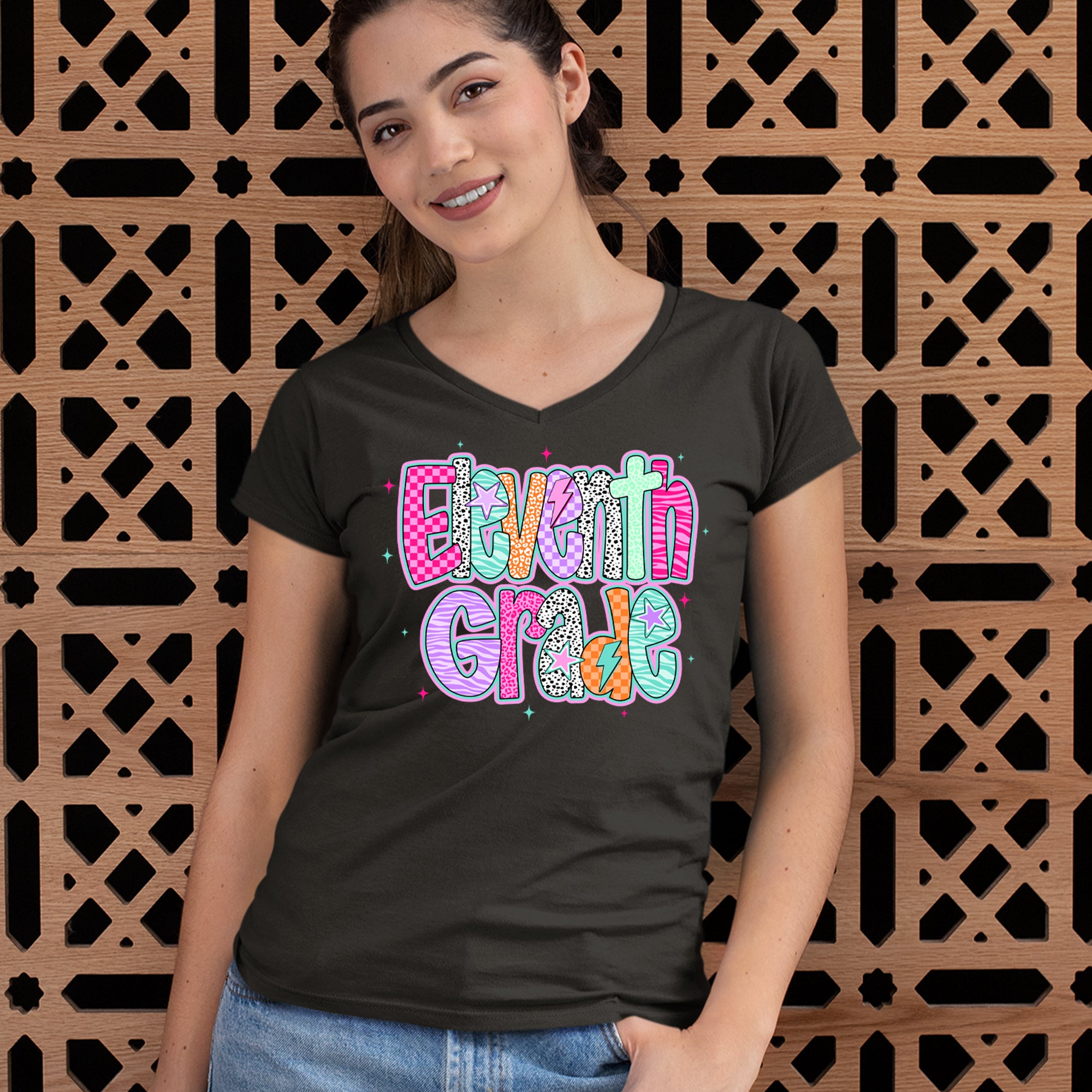 Eleventh Grade Extra Colorful Back to School Ladies V-Neck T-shirt 