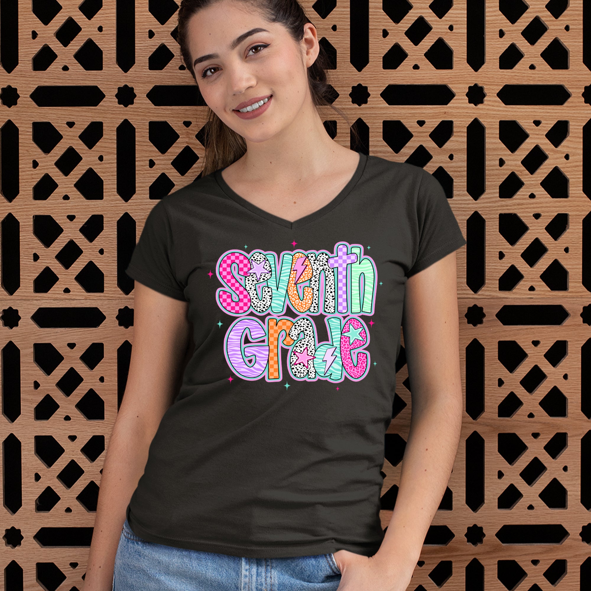 Seventh Grade Swagger Colorful Back to School Ladies V-Neck T-shirt 