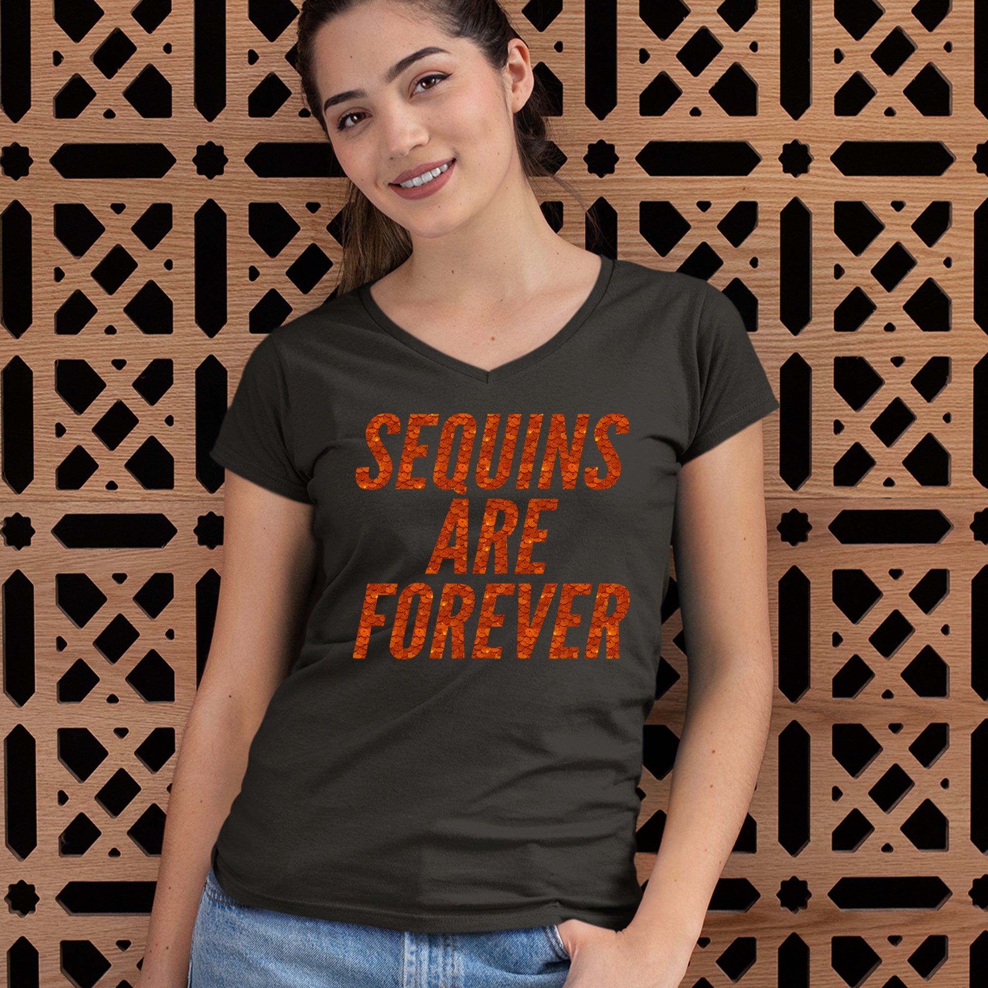 Sequins Are Forever Retro Glam Ladies V-Neck T-shirt 