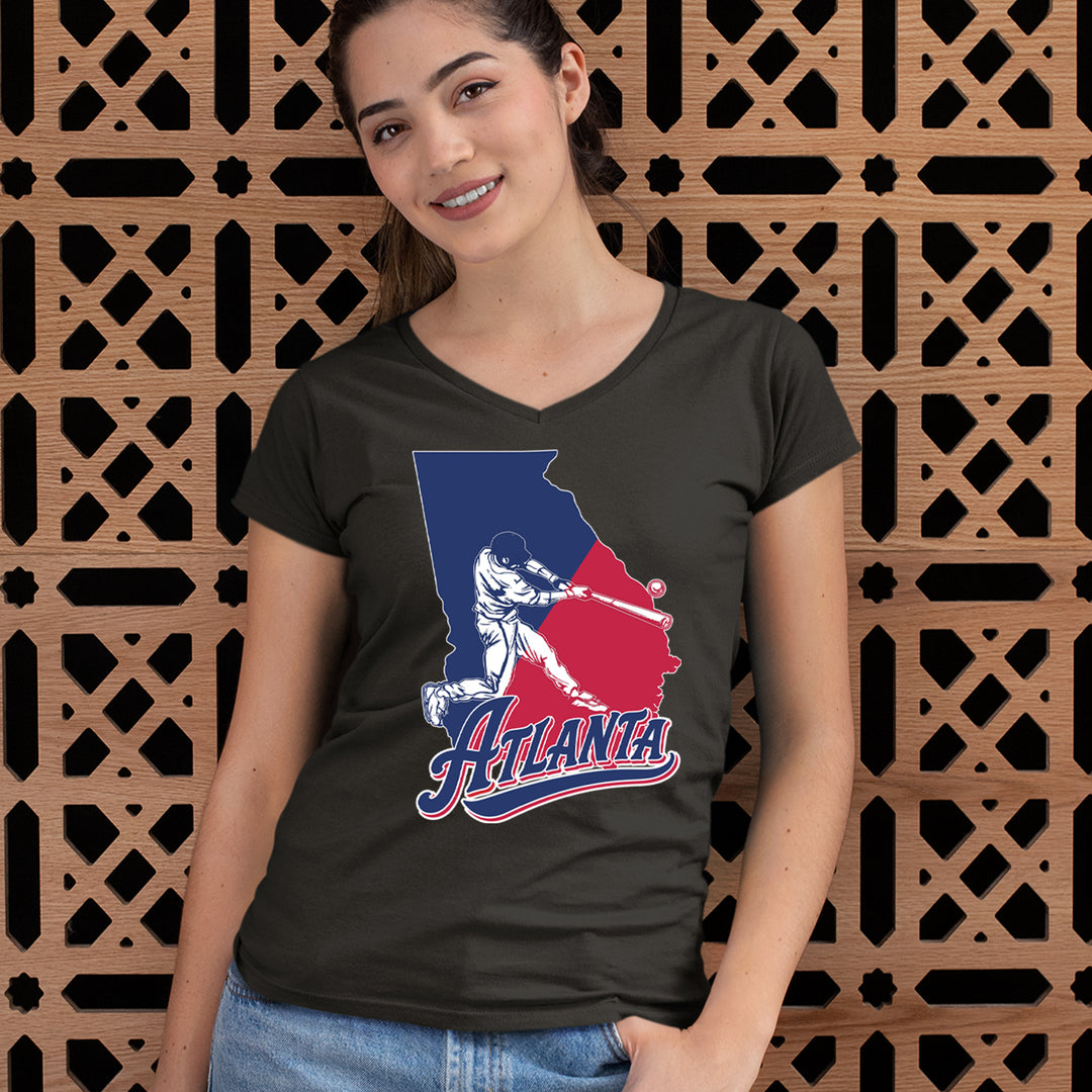 Atlanta Georgia Batter Up Ladies V-Neck T-shirt 