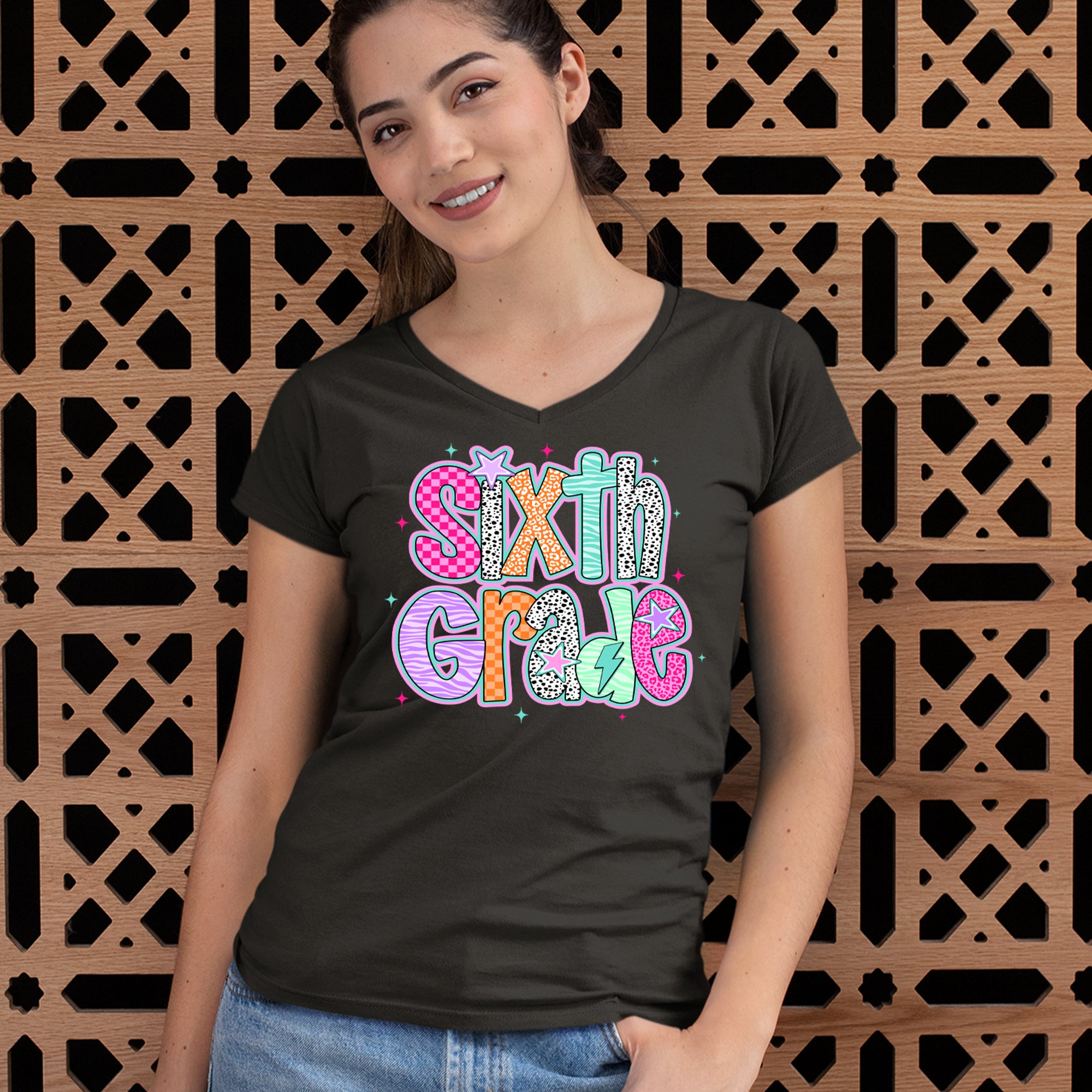Sixth Grade Colorful Back to School Ladies V-Neck T-shirt 