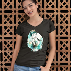 Mrs. Herpburn Iconic Watercolors Ladies V-Neck T-shirt 