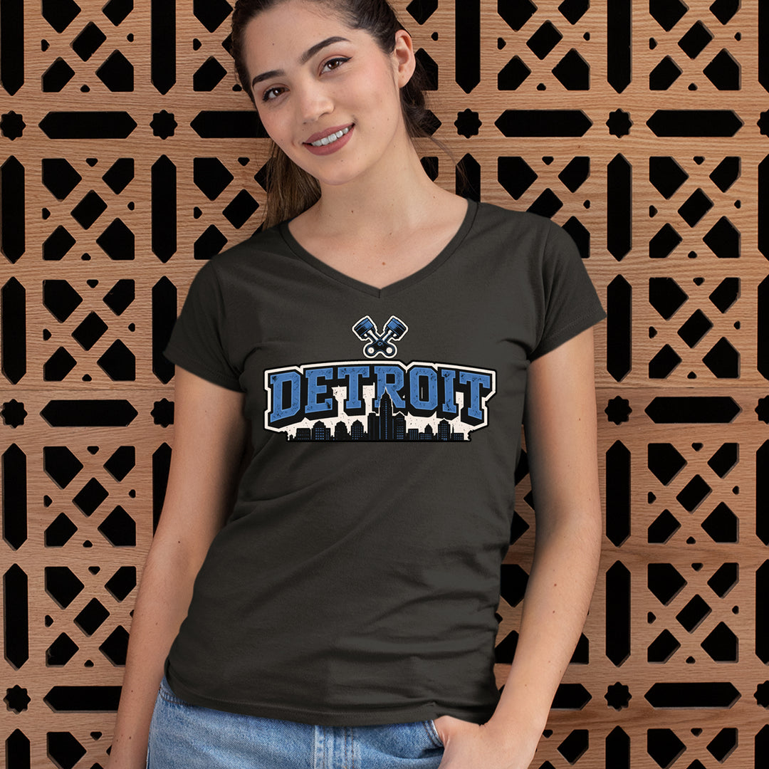 Detroit Motor City Retro Piston Ladies V-Neck T-shirt 