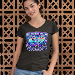 Six Seven 67 Retro Pixel Buddies Ladies V-Neck T-shirt 