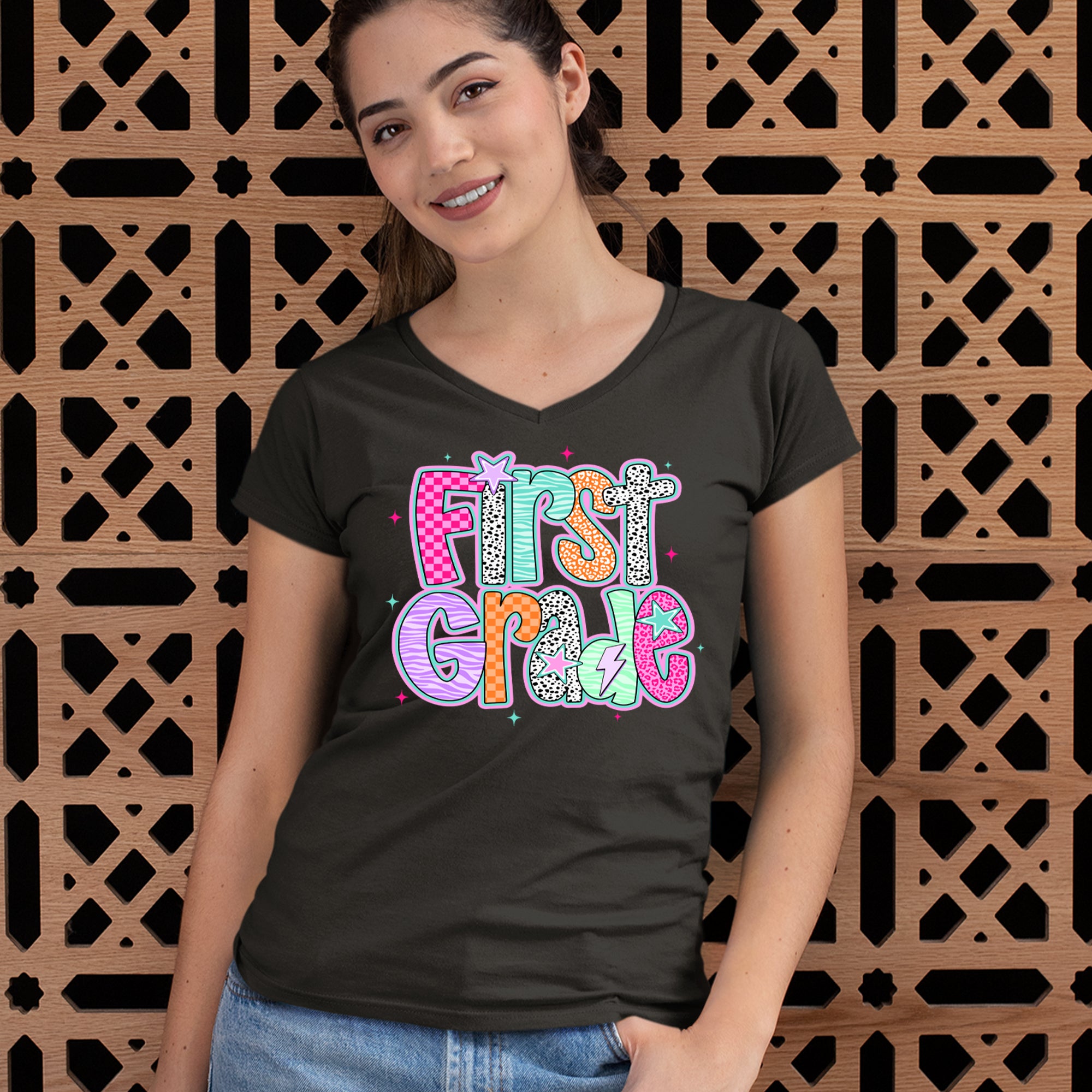 First Grade Vibes Colorful Back to School Ladies V-Neck T-shirt 
