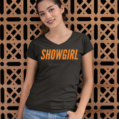 Showgirl Orange Glitter Ladies V-Neck T-shirt 
