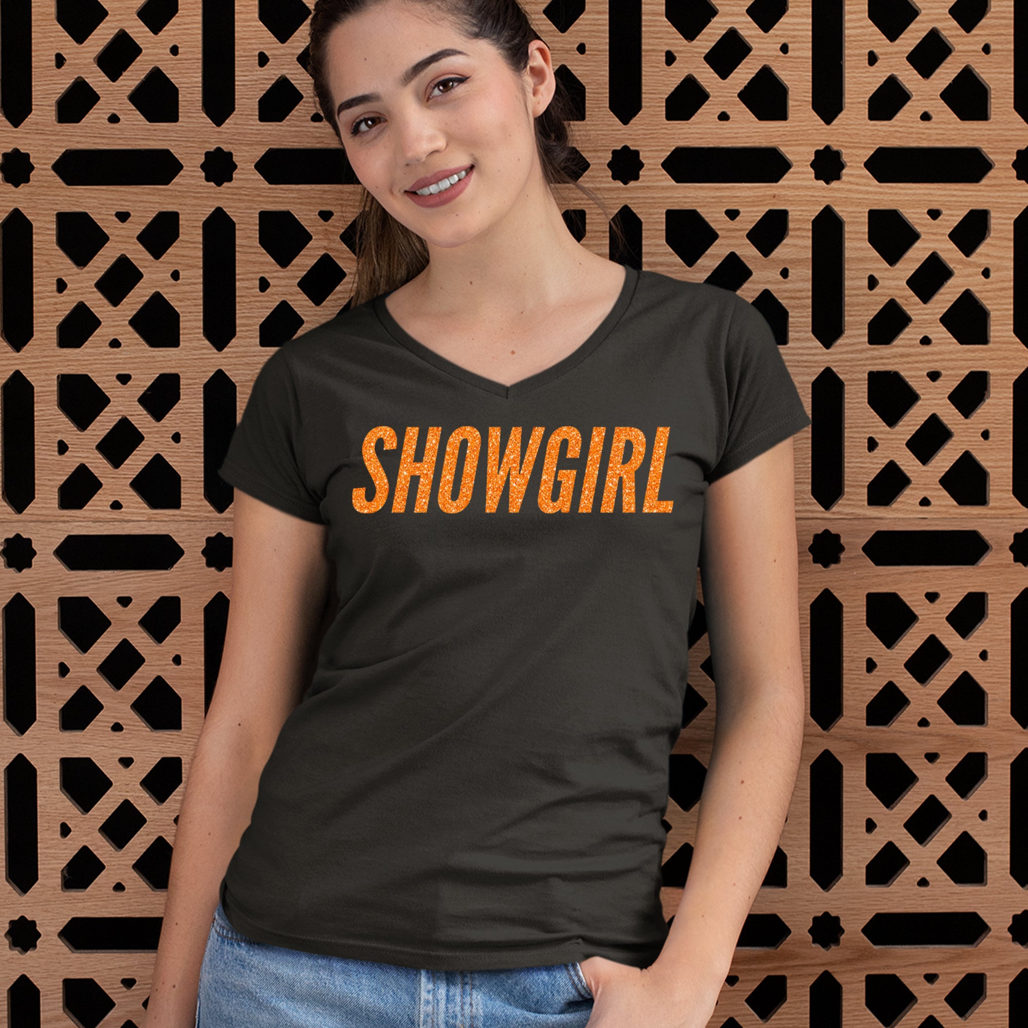 Showgirl Orange Glitter Ladies V-Neck T-shirt 