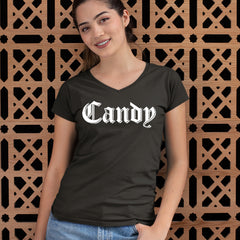 Candy Gothic Lettering Ladies V-Neck T-shirt