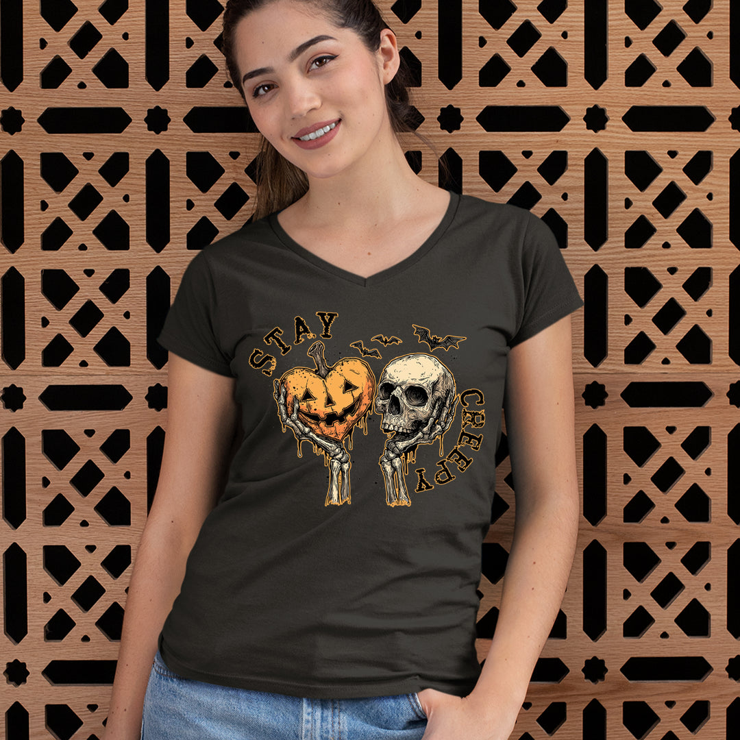 Stay Creepy Skull and Pumpkin Halloween Ladies V-Neck T-shirt 