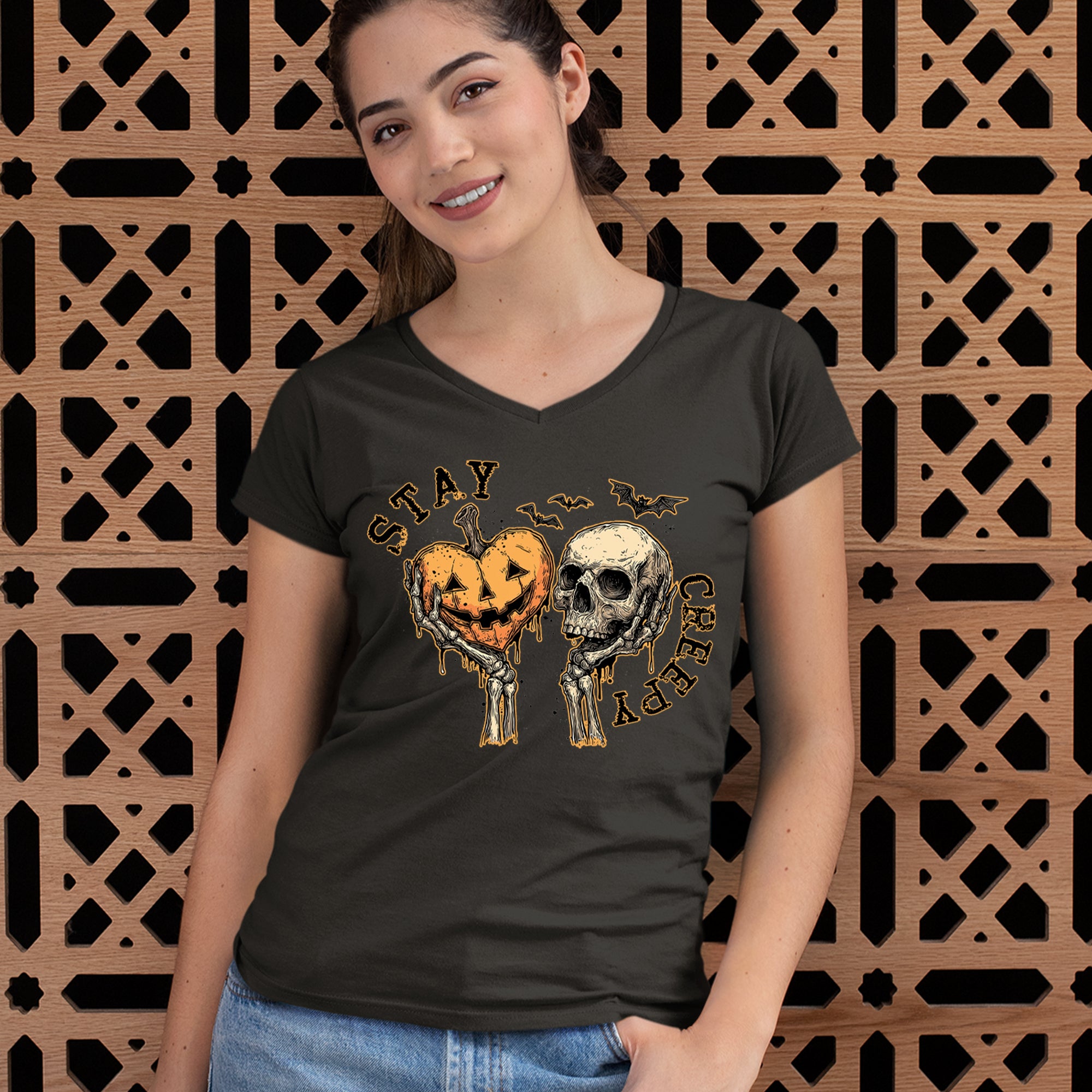 Stay Creepy Skull and Pumpkin Halloween Ladies V-Neck T-shirt 