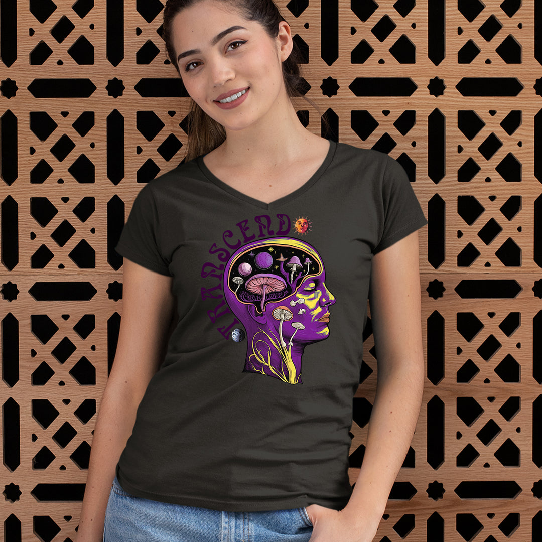 Psychedelic Cosmic Mushroom Head Ladies V-Neck T-shirt 