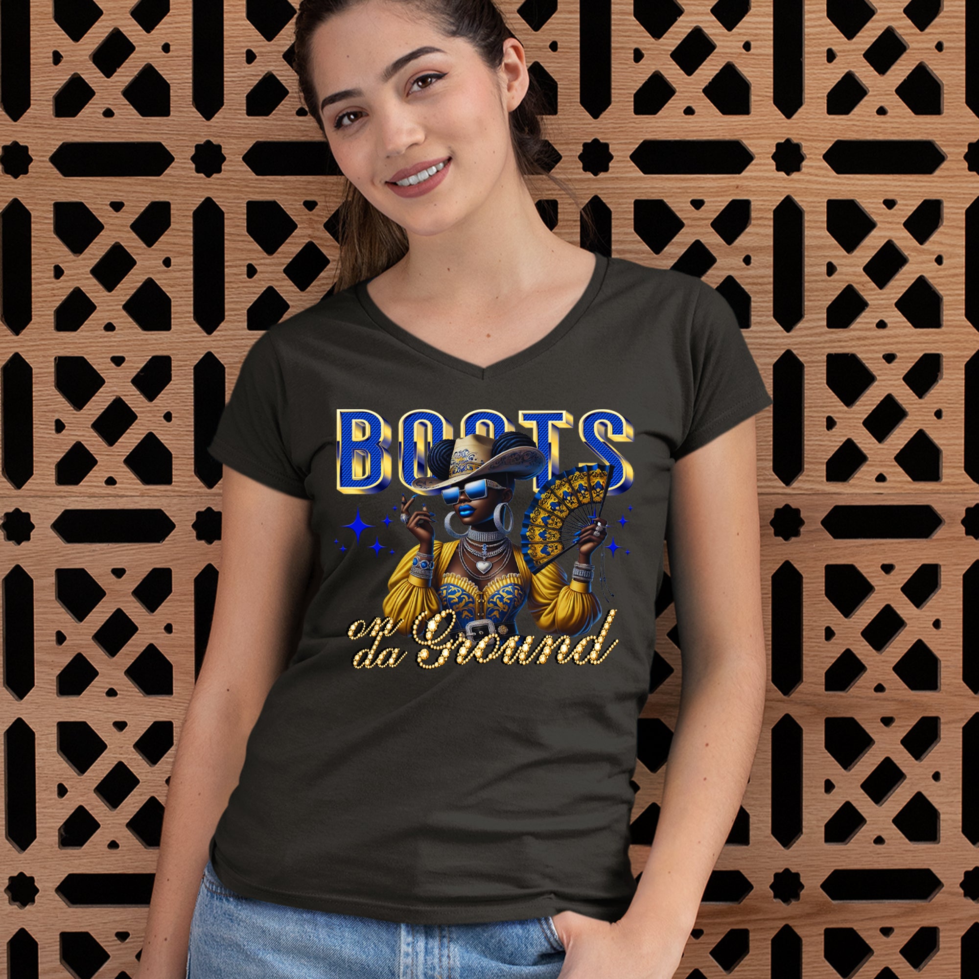 Boots On Da Ground Folding Fan Ladies V-Neck T-shirt 