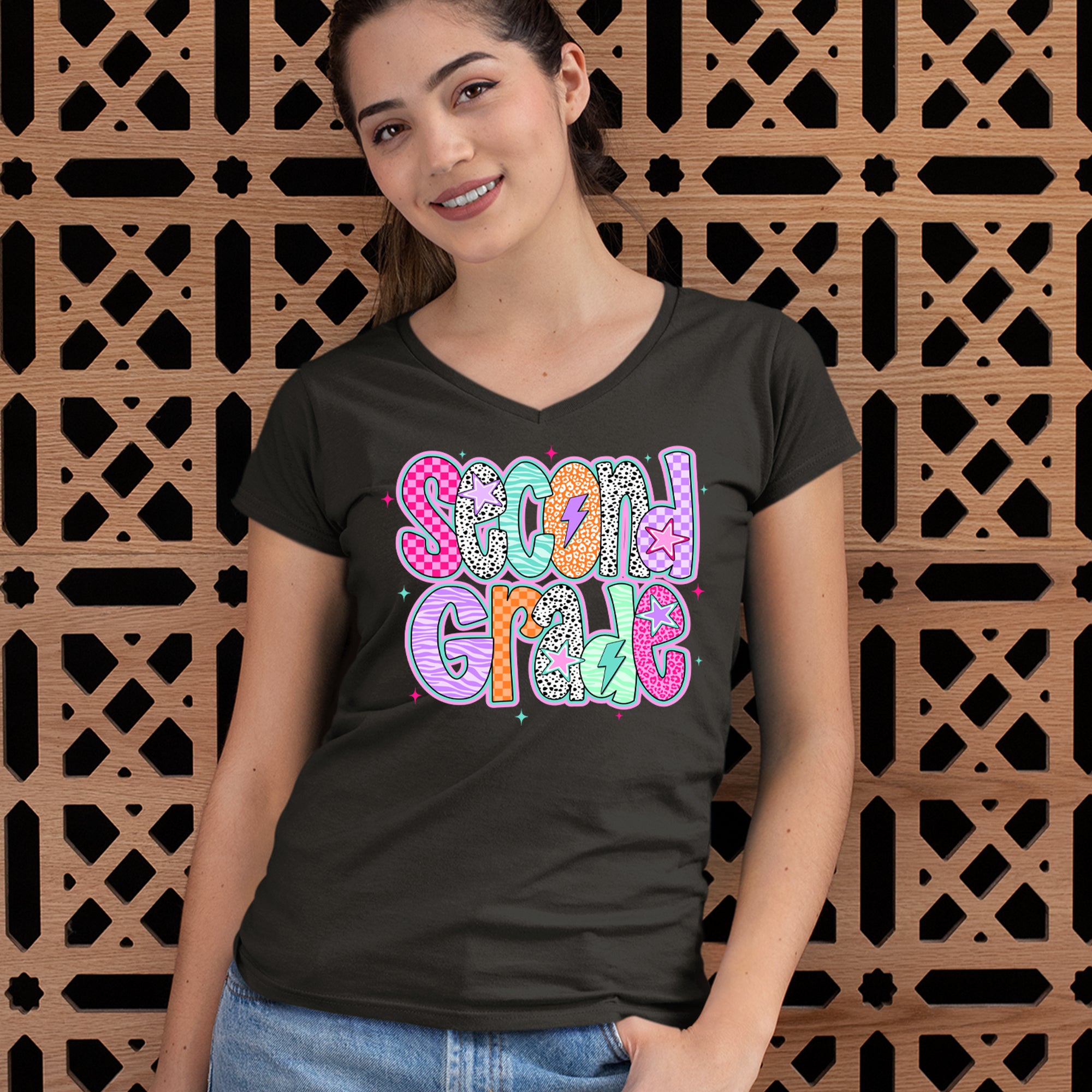 Second Grade Star Colorful Back to School Ladies V-Neck T-shirt 