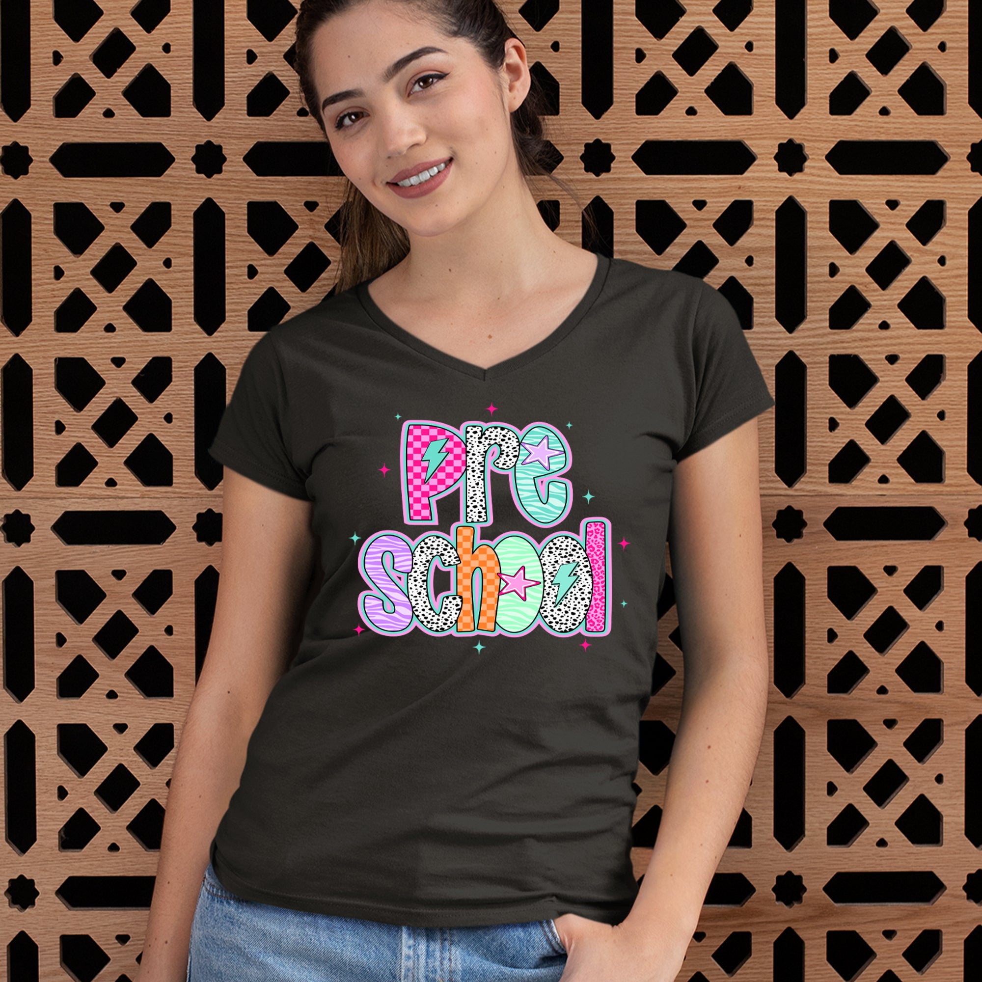 Preschool Power Colorful Back to School Ladies V-Neck T-shirt 