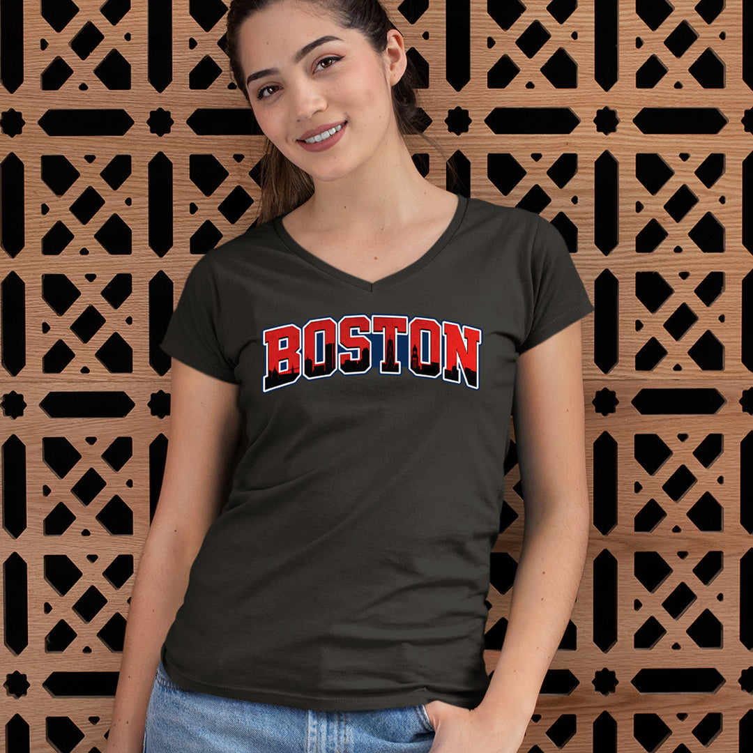 Boston City Pride Skyline Ladies V-Neck T-shirt 