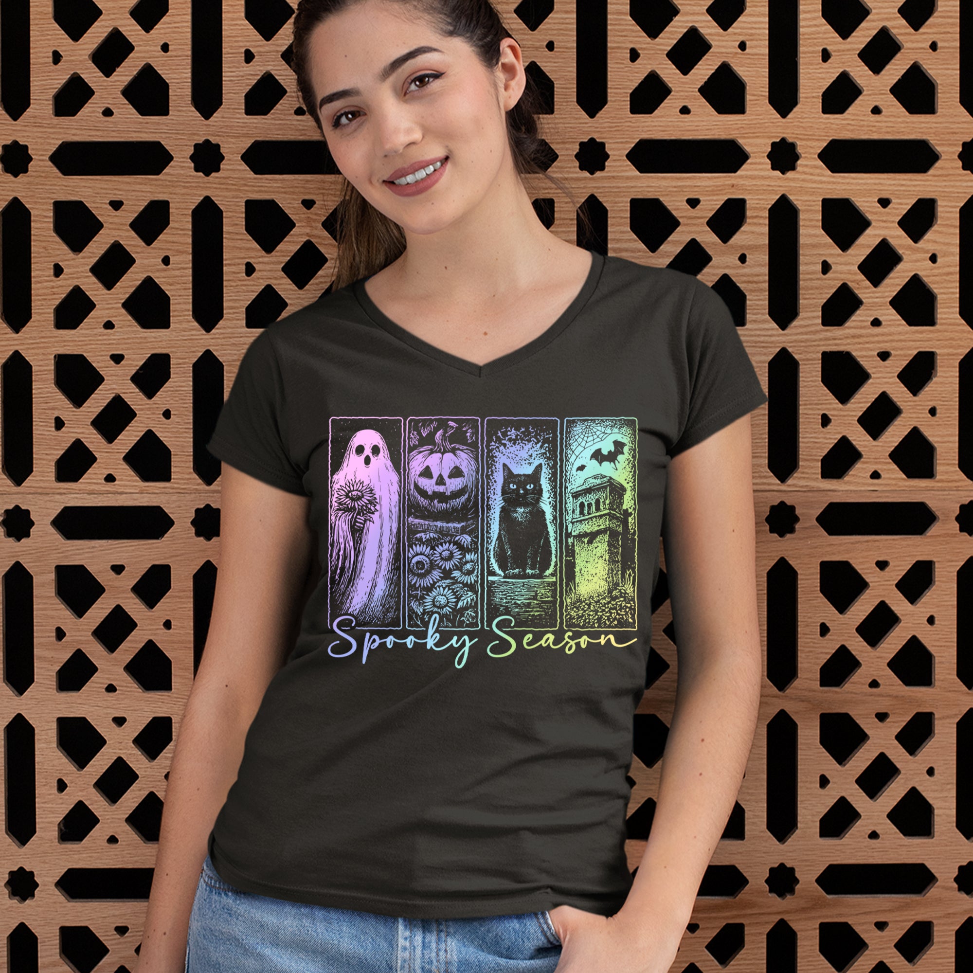 Spooky Season Cute Pastel Halloween Design Ladies V-Neck T-shirt 