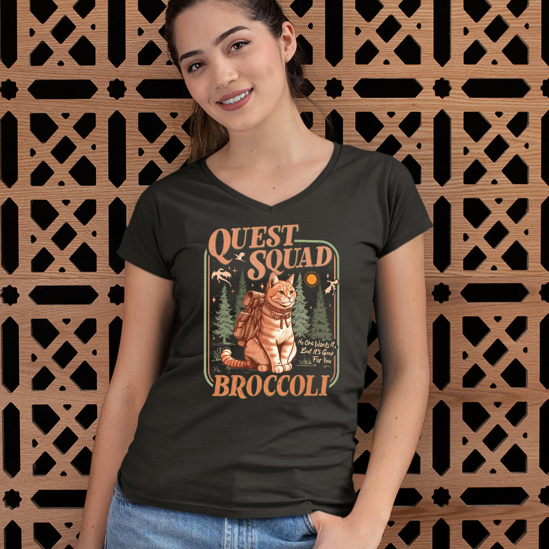 Quest Squad Broccoli Cat Fantasy Reader graphic on Women's Lightweight V-Neck T-Shirt alternate view 2