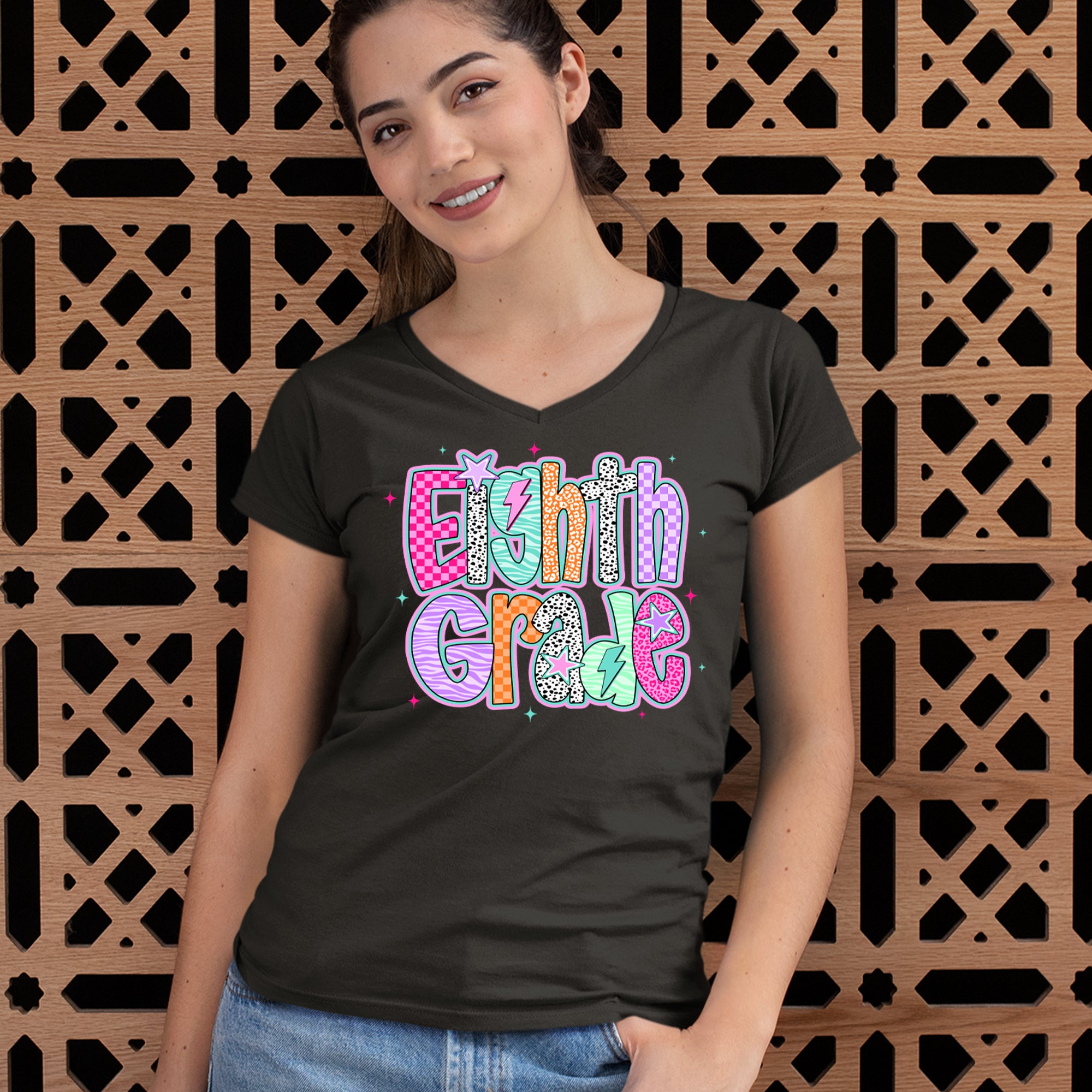 Eighth Grade Energy Colorful Back to School Ladies V-Neck T-shirt 