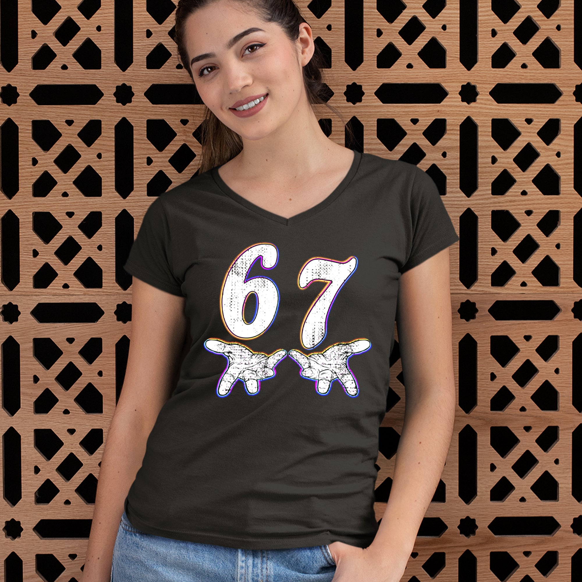 67 Hands Meme Viral Drill Ladies V-Neck T-shirt 