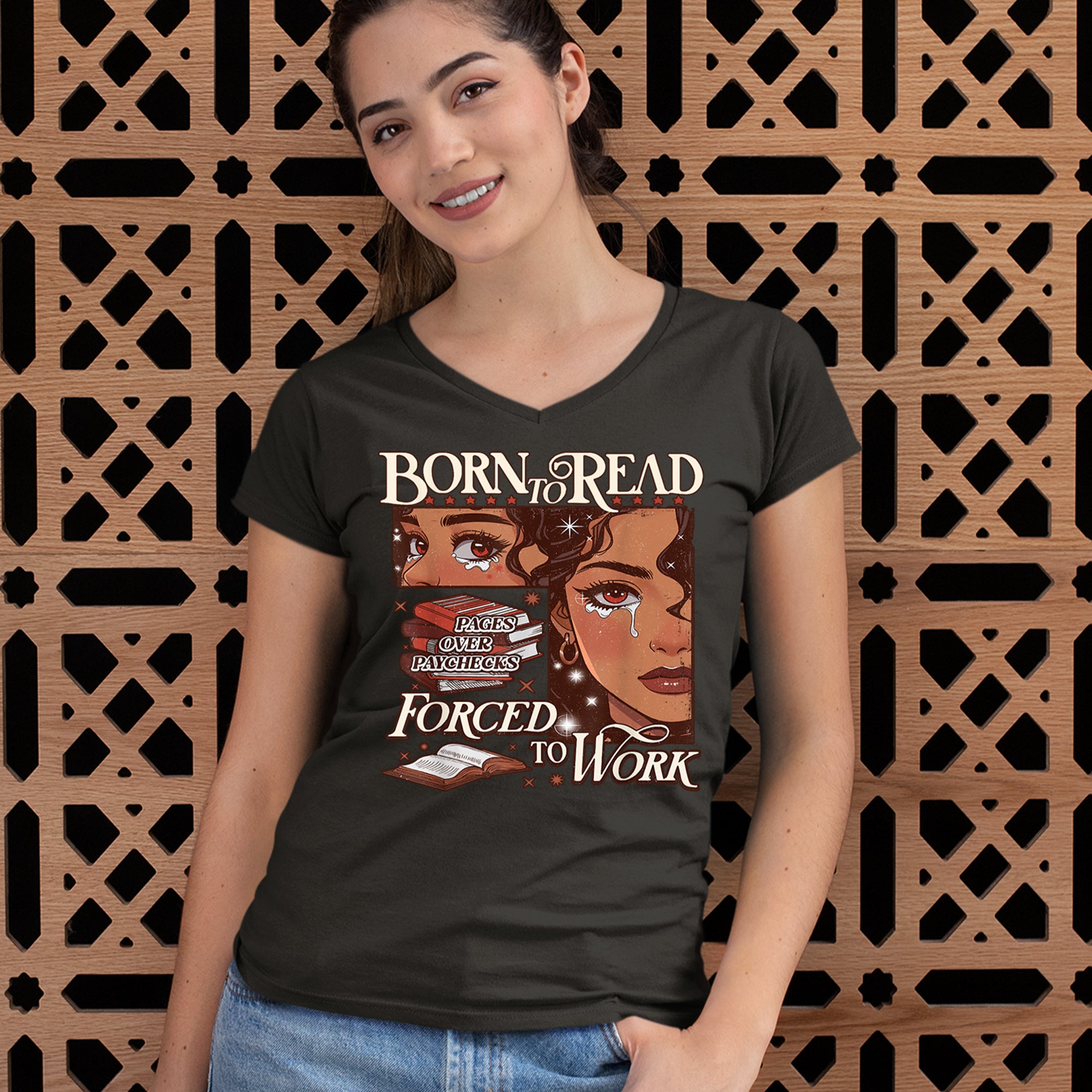Born To Read Pages Over Paychecks Ladies V-Neck T-shirt 