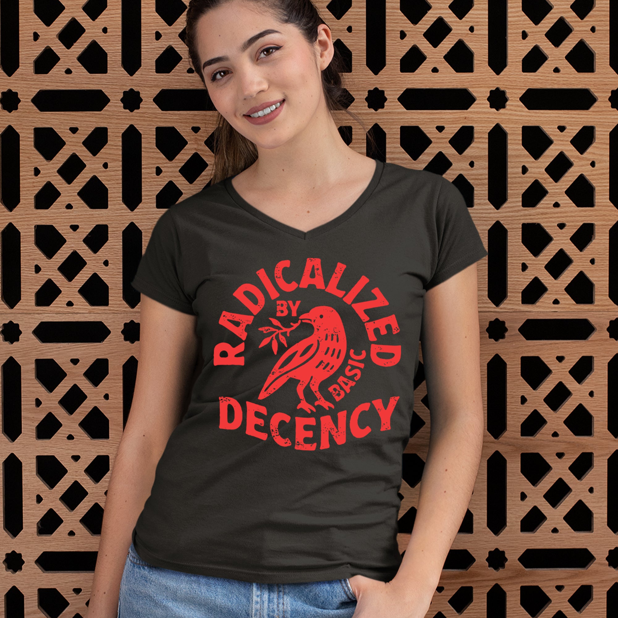 Radicalized by Basic Decency Dove Protest Statement Ladies V-Neck T-shirt 