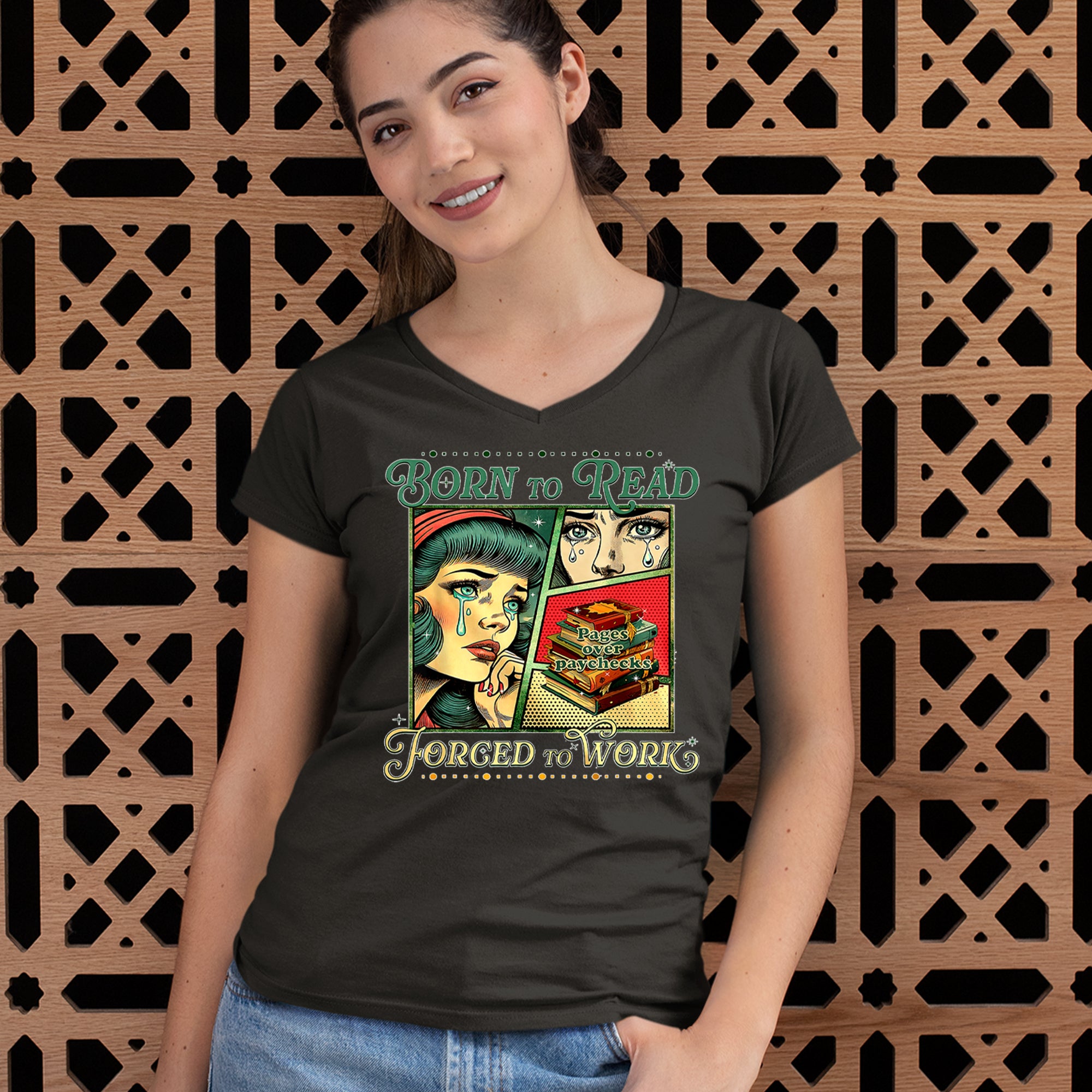 Born To Read, Forced To Work Ladies V-Neck T-shirt 