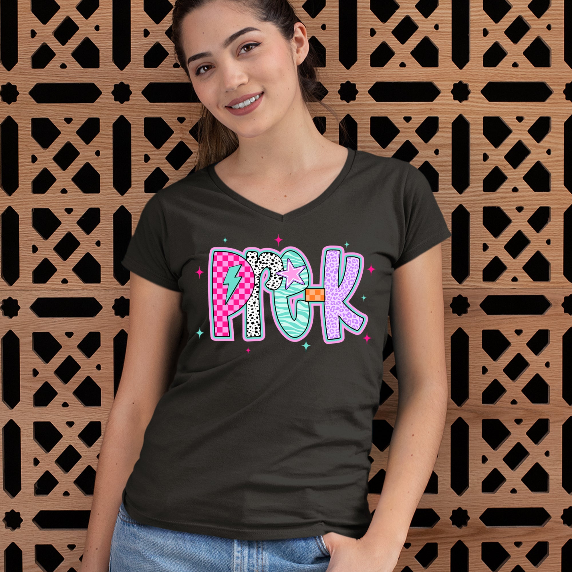 Pre-K Party Time Colorful Back to School Ladies V-Neck T-shirt 