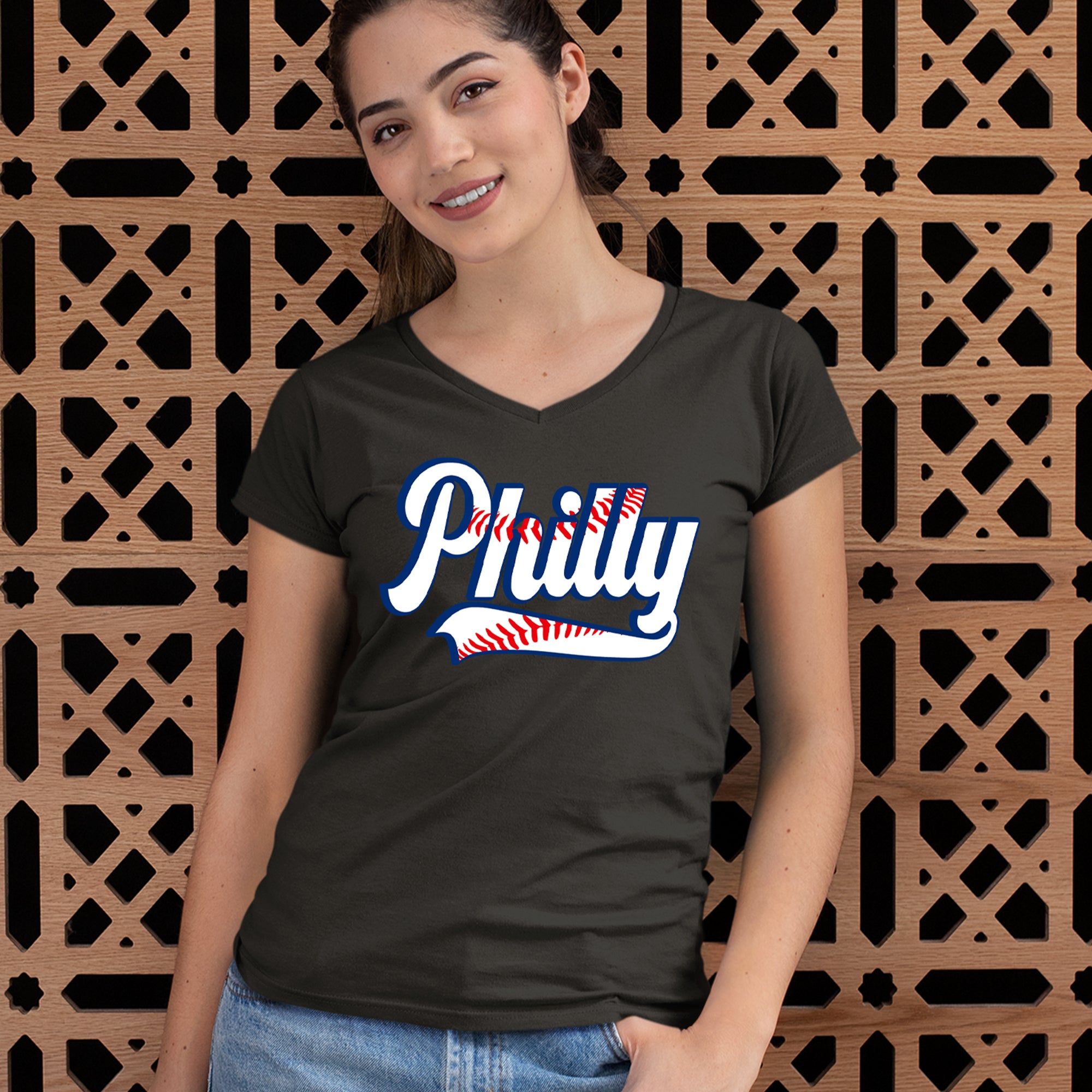 Philly Baseball Stitching Ladies V-Neck T-shirt 