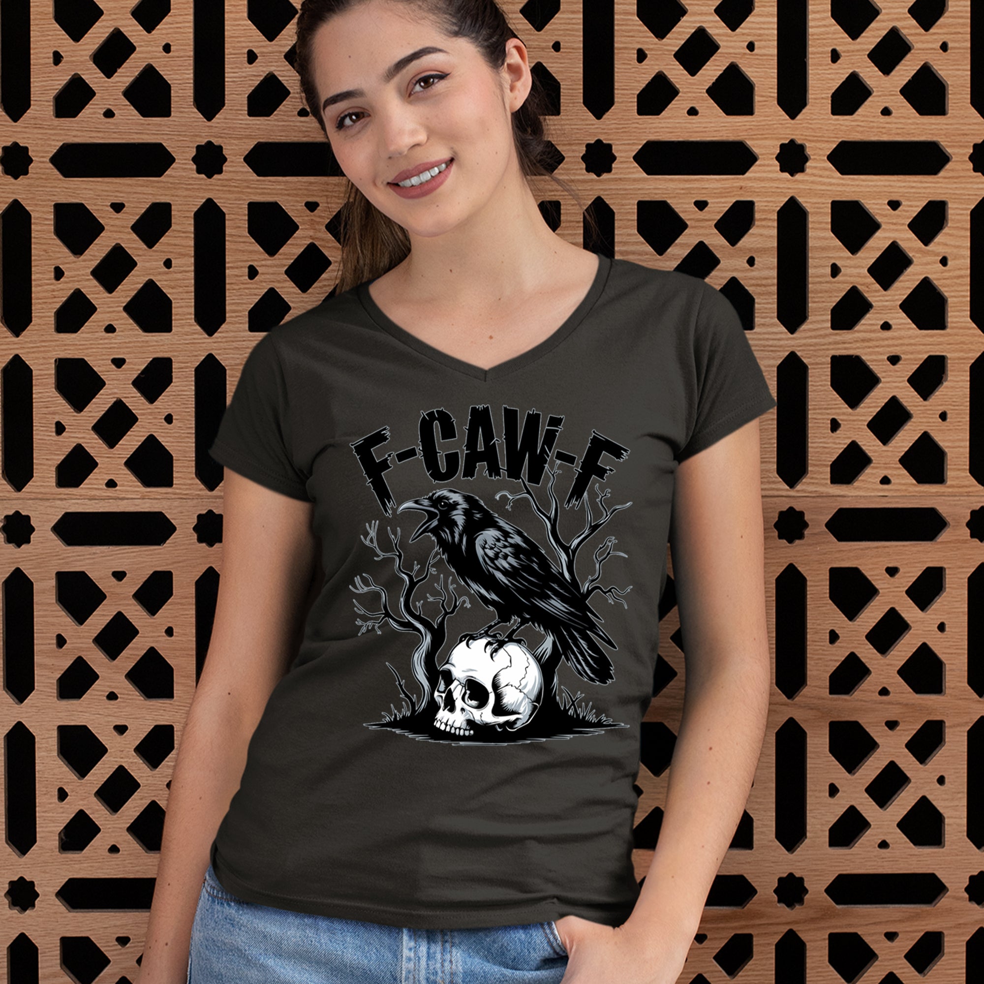 F-Caw-F Crow On Skull F-ck Off Gothic Ladies V-Neck T-shirt 
